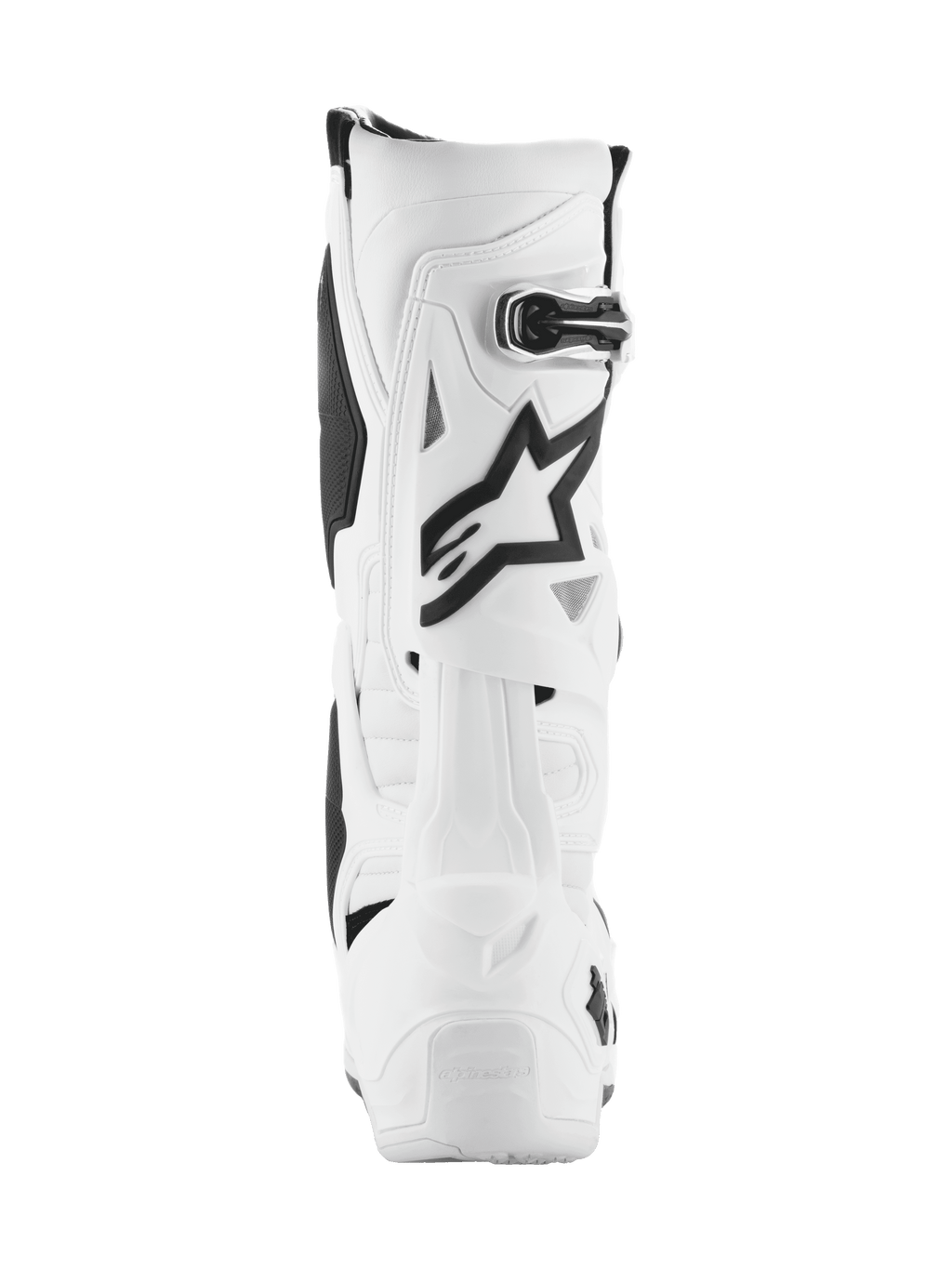 Alpinestars Tech 10 laarzen, motorcrosslaarzen, wit met zwarte accenten, achteraanzicht met het zwarte Astar-logo en gespsluiting, geavanceerd beschermend ontwerp voor off-road racen