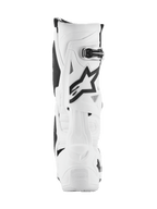 Alpinestars Tech 10 laarzen, motorcrosslaarzen, wit met zwarte accenten, achteraanzicht met het zwarte Astar-logo en gespsluiting, geavanceerd beschermend ontwerp voor off-road racen