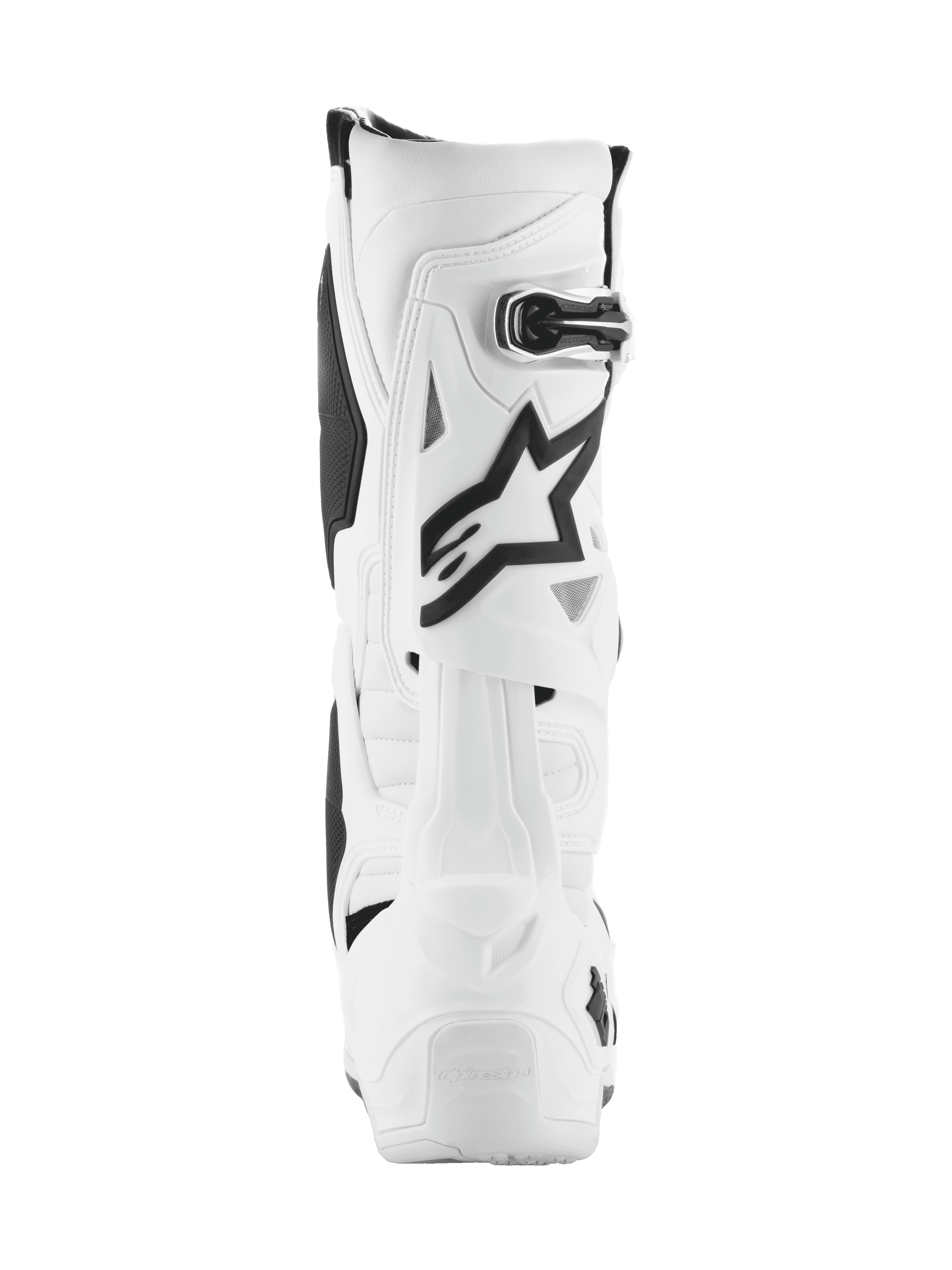 Alpinestars Tech 10 laarzen, motorcrosslaarzen, wit met zwarte accenten, achteraanzicht met het zwarte Astar-logo en gespsluiting, geavanceerd beschermend ontwerp voor off-road racen