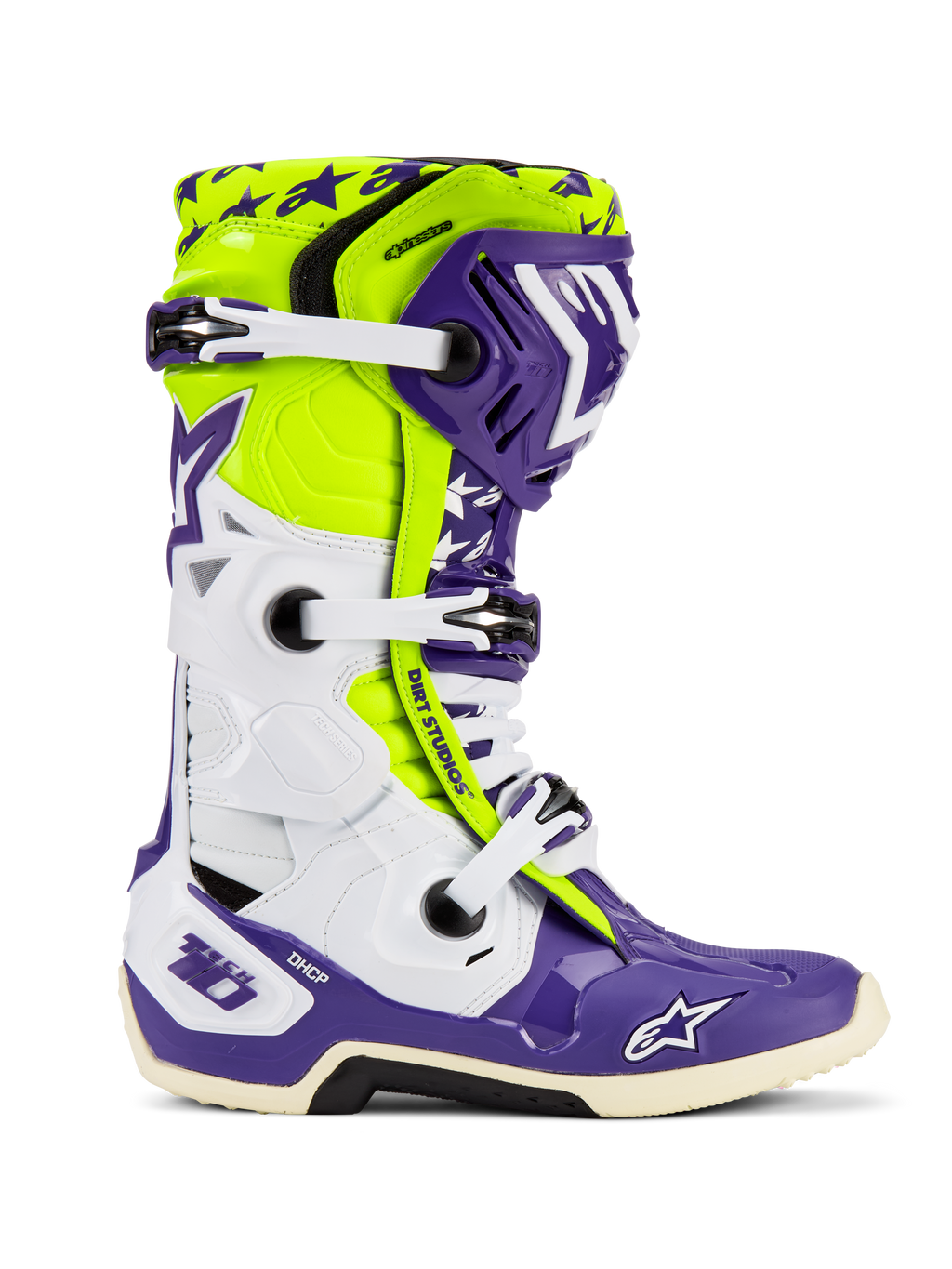 Alpinestars Tech 10 Dirt Studios® LE motorlaarzen, motocrosslaarzen, paars, wit en fluogeel, zijprofiel met witte verstelbare gespen, sterpatroongrafieken, beschermende TPU-componenten en robuuste zool voor off-road prestaties
