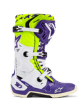 Alpinestars Tech 10 Dirt Studios® LE motorlaarzen, motocrosslaarzen, paars, wit en fluogeel, zijprofiel met witte verstelbare gespen, sterpatroongrafieken, beschermende TPU-componenten en robuuste zool voor off-road prestaties