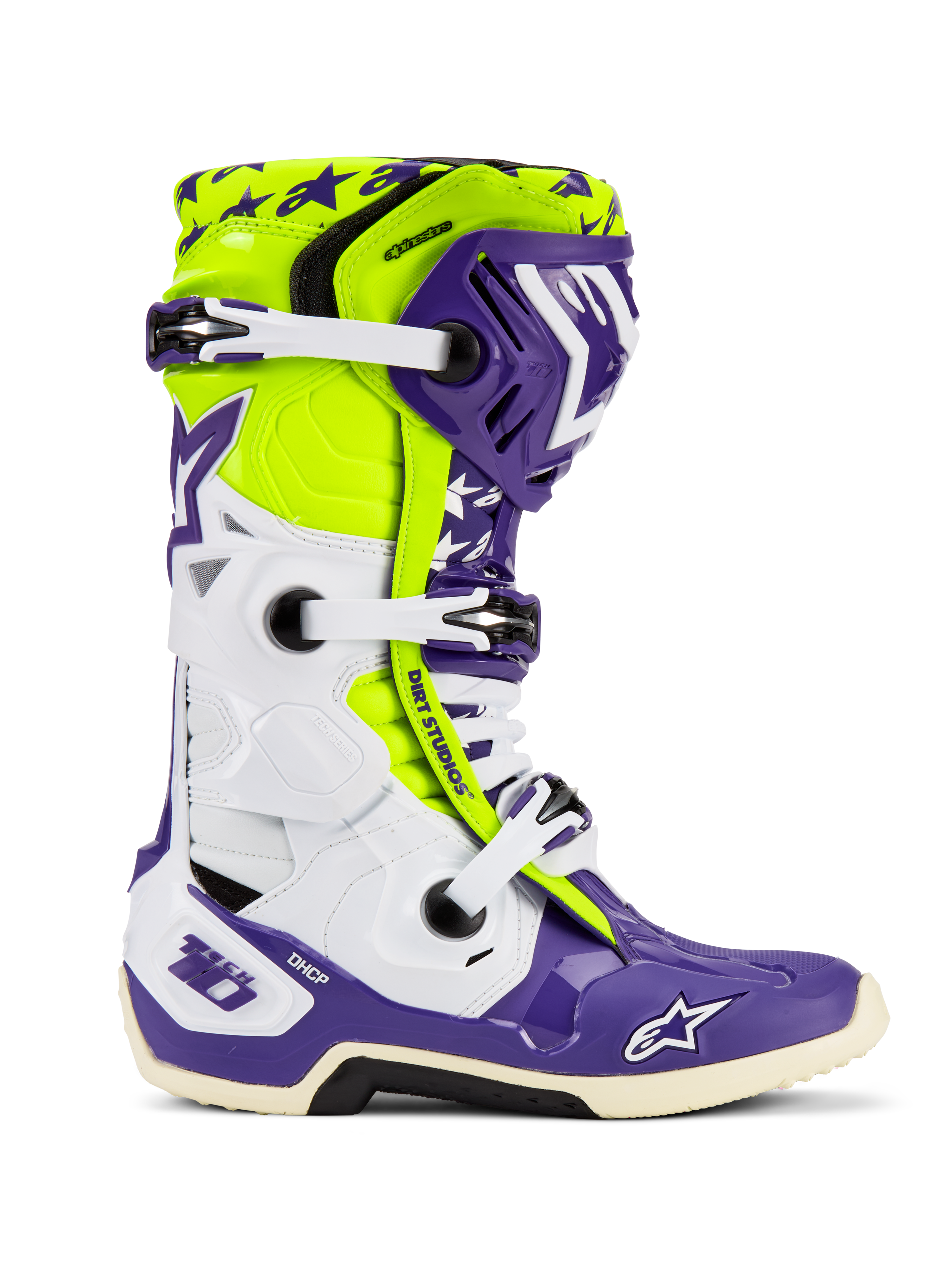 Alpinestars Tech 10 Dirt Studios® LE motorlaarzen, motocrosslaarzen, paars, wit en fluogeel, zijprofiel met witte verstelbare gespen, sterpatroongrafieken, beschermende TPU-componenten en robuuste zool voor off-road prestaties