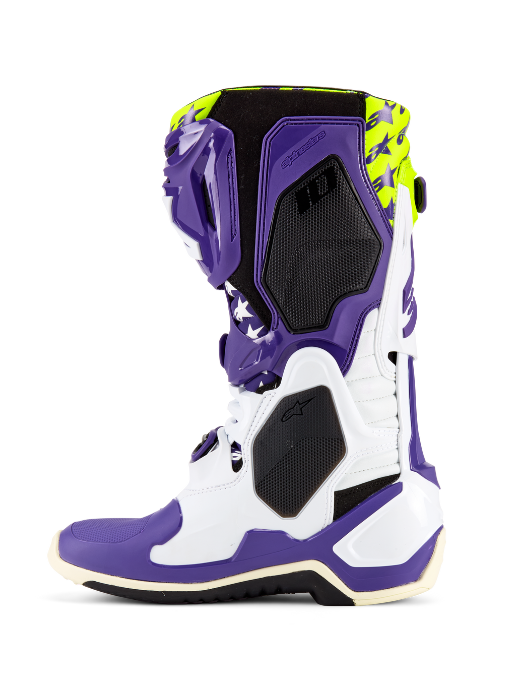 Alpinestars Tech 10 Dirt Studios® LE laarzen, motorcrosslaarzen, wit, paars en fluorgeel, zijaanzicht met een wit en paars TPU-chassis, fluorgele bovenzijde met ster-graphics, zwarte panelen met honingraattextuur en een professioneel off-road race-ontwerp.