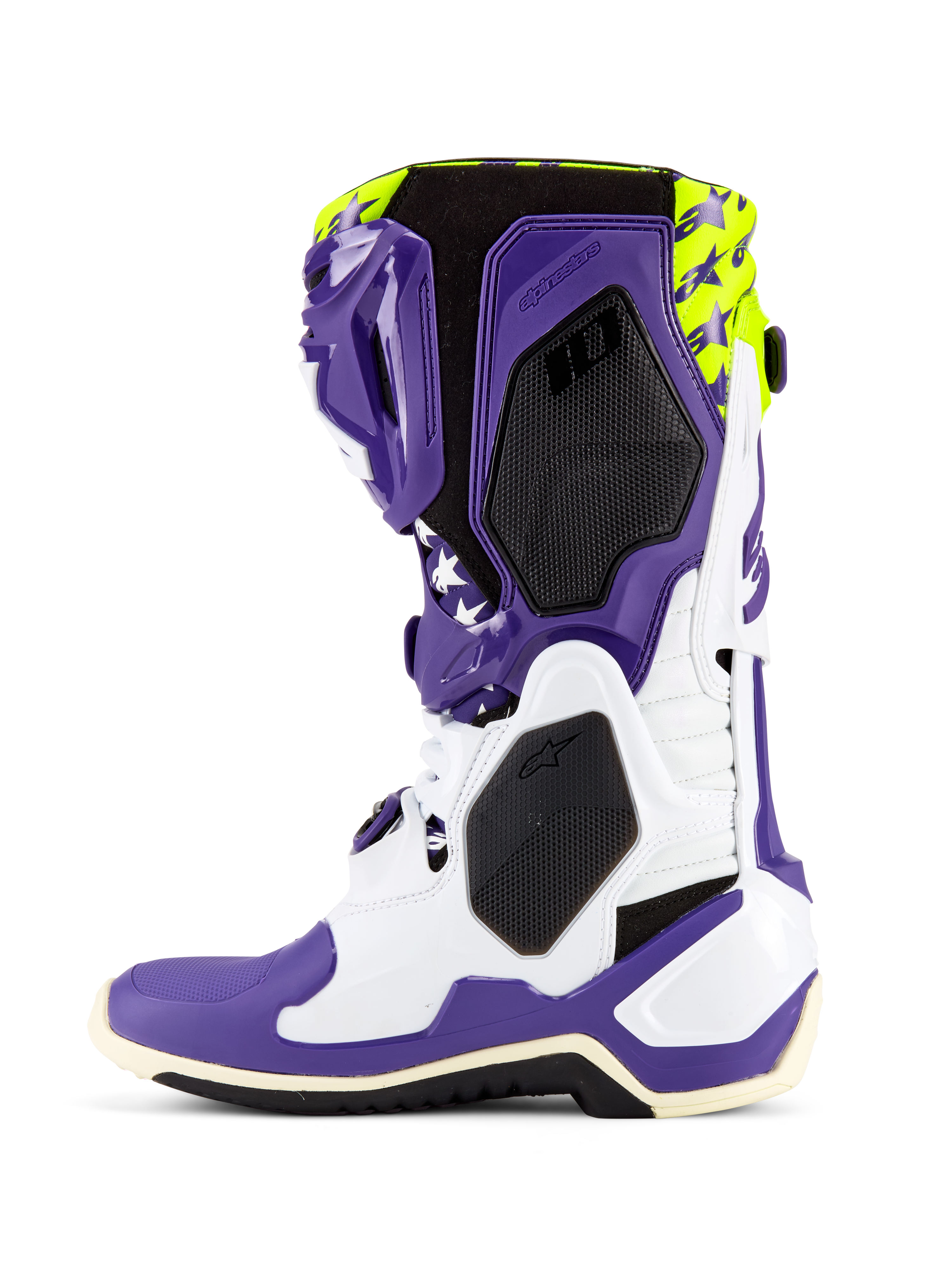 Alpinestars Tech 10 Dirt Studios® LE laarzen, motorcrosslaarzen, wit, paars en fluorgeel, zijaanzicht met een wit en paars TPU-chassis, fluorgele bovenzijde met ster-graphics, zwarte panelen met honingraattextuur en een professioneel off-road race-ontwerp.