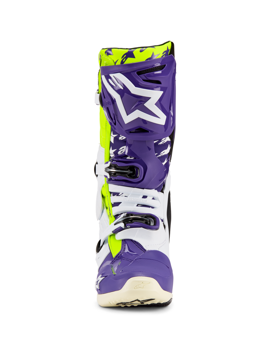 Alpinestars Tech 10 Dirt Studios® LE laarzen, motorcrosslaarzen, paars, wit en geel fluo, vooraanzicht met een groot wit logo op een paarse scheenplaat, meervoudig gespsluitingssysteem en duurzame beschermende schaal voor off-road racing