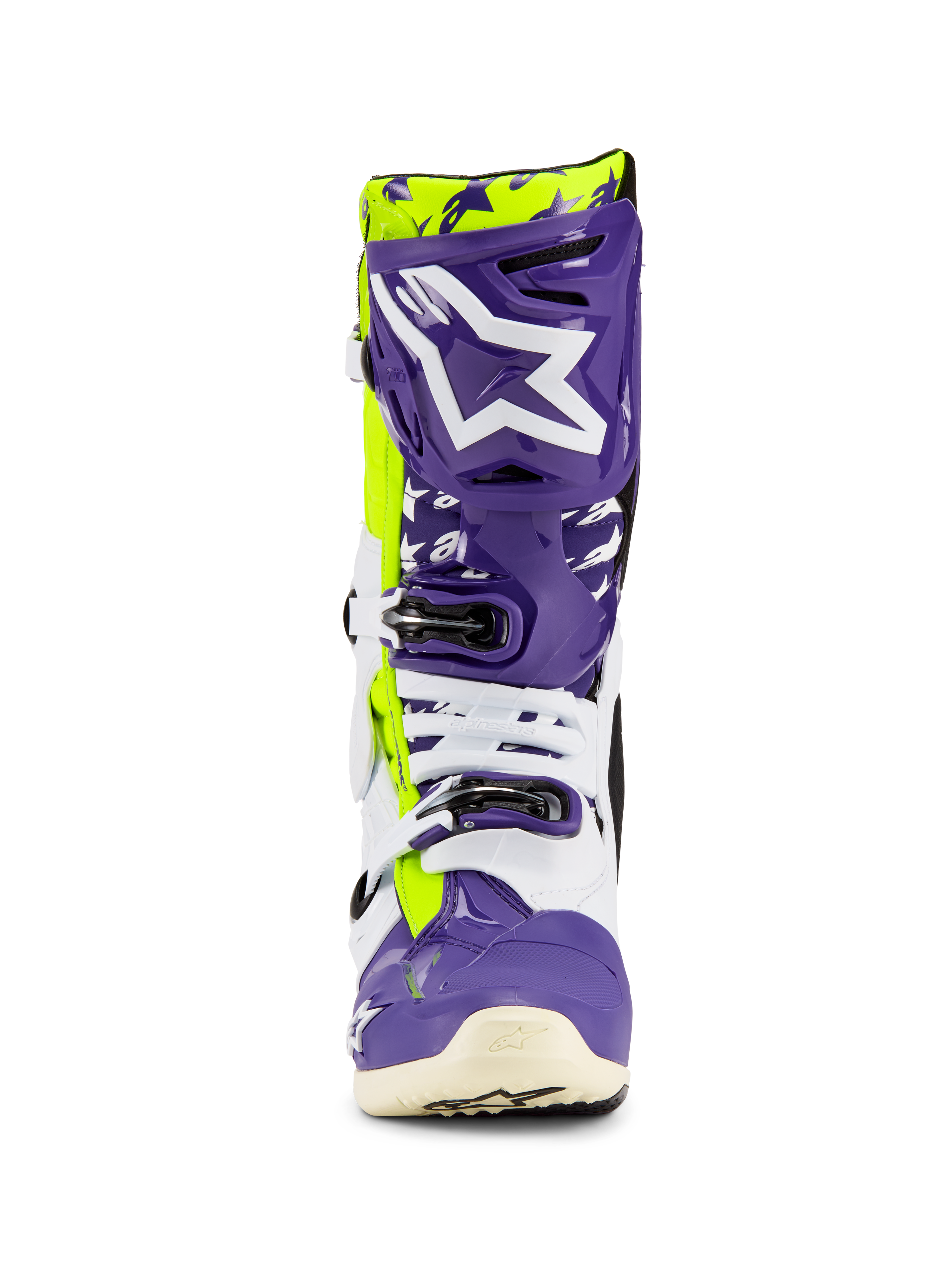 Alpinestars Tech 10 Dirt Studios® LE laarzen, motorcrosslaarzen, paars, wit en geel fluo, vooraanzicht met een groot wit logo op een paarse scheenplaat, meervoudig gespsluitingssysteem en duurzame beschermende schaal voor off-road racing
