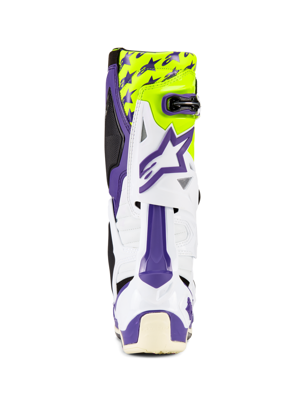 Alpinestars Tech 10 Dirt Studios® LE laarzen, motorcrosslaarzen, wit, paars en fluorgeel, achteraanzicht, voorzien van paarse ster-graphics op een fluorescerend gele achtergrond, witte TPU-schaal met paarse accenten, professioneel beschermend off-road schoeisel