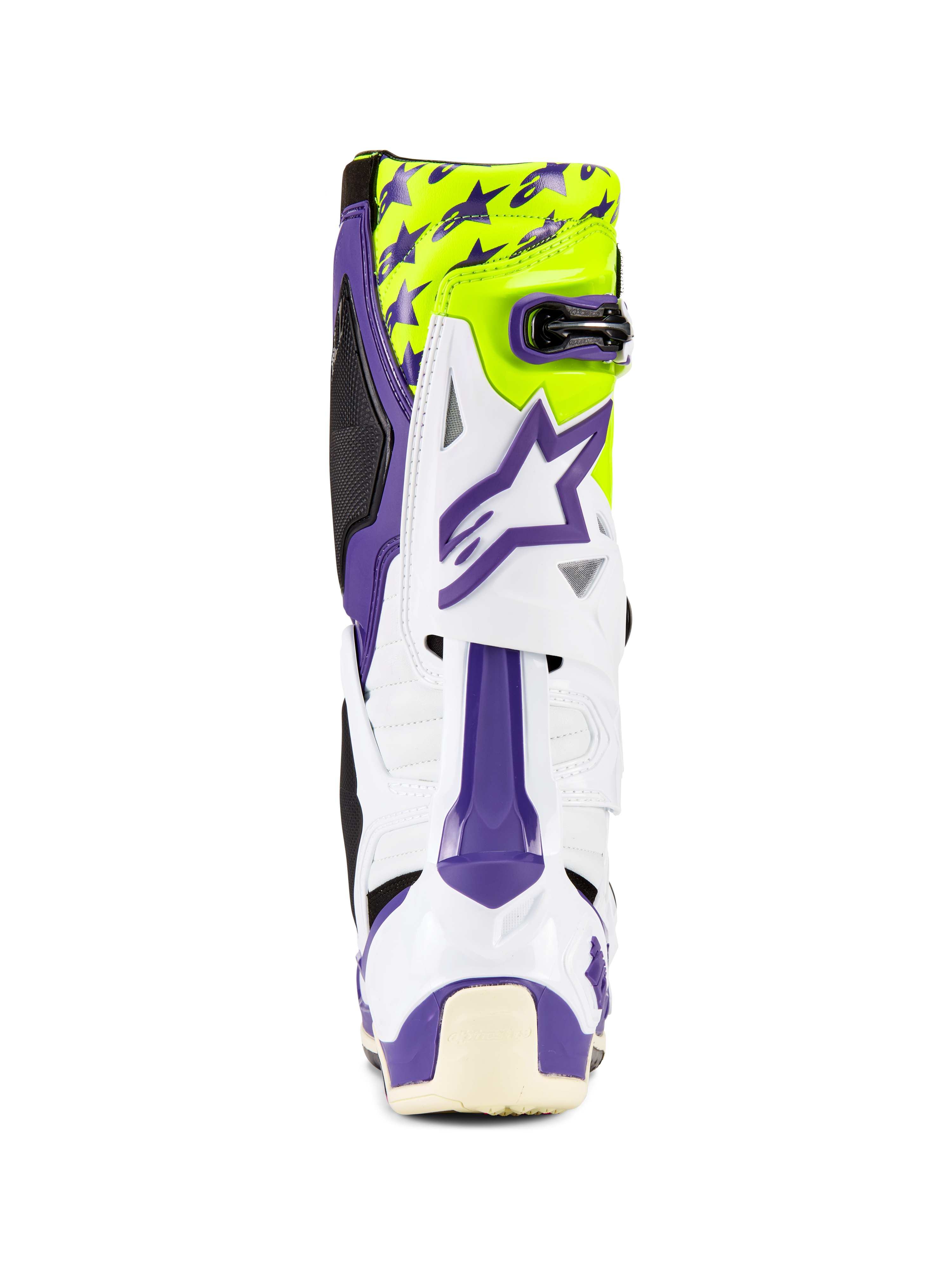 Alpinestars Tech 10 Dirt Studios® LE laarzen, motorcrosslaarzen, wit, paars en fluorgeel, achteraanzicht, voorzien van paarse ster-graphics op een fluorescerend gele achtergrond, witte TPU-schaal met paarse accenten, professioneel beschermend off-road schoeisel