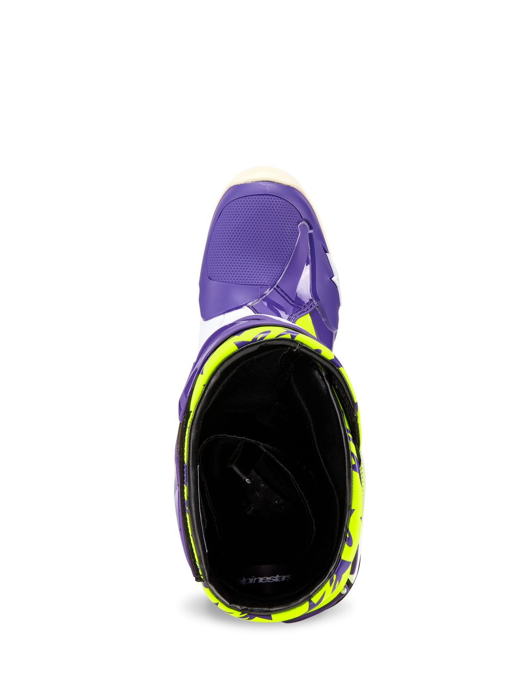 Alpinestars Tech 10 Dirt Studios® LE laarzen, bovenaanzicht met inkijk in de enkelopening, paarse schaal met fluogeel patroon, zwarte binnenvoering, hoogwaardig motorcross schoeisel