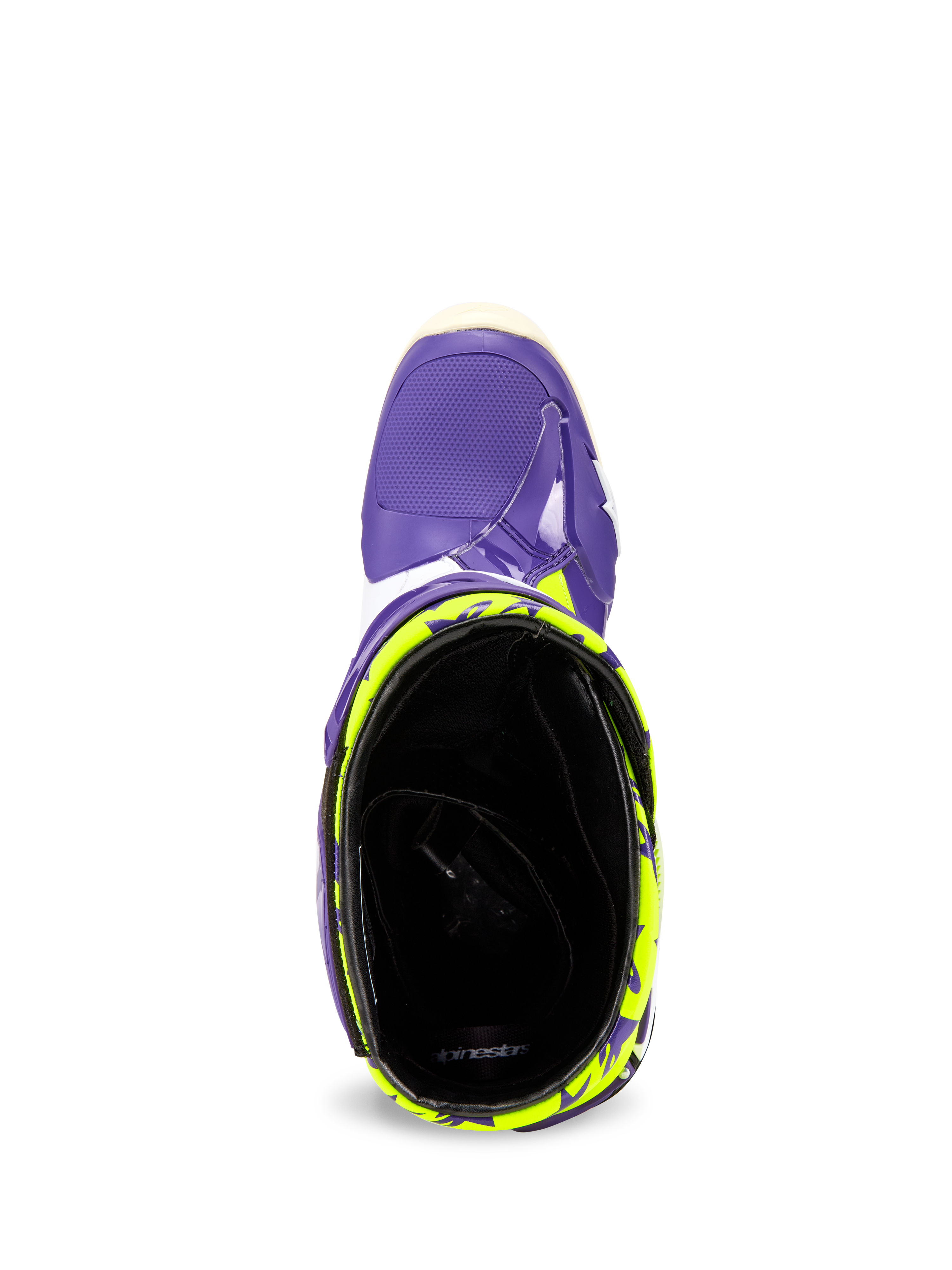 Alpinestars Tech 10 Dirt Studios® LE laarzen, bovenaanzicht met inkijk in de enkelopening, paarse schaal met fluogeel patroon, zwarte binnenvoering, hoogwaardig motorcross schoeisel