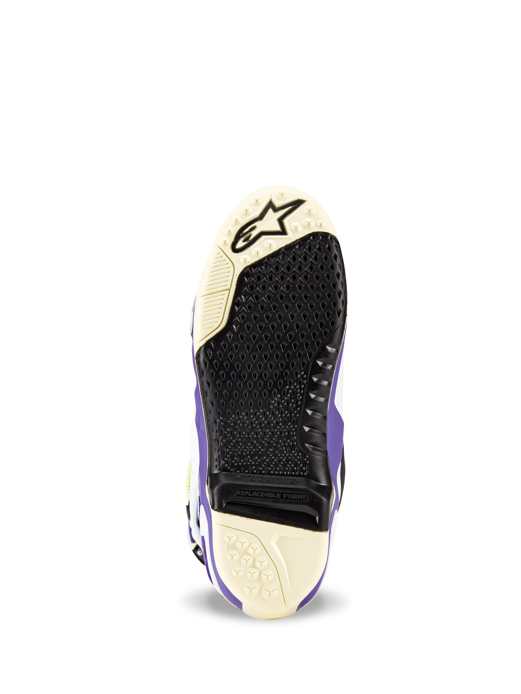 Alpinestars Tech 10 Dirt Studios® LE laarzen, zoolaanzicht, wit, paars en zwart, geprofileerd grippatroon met vervangbaar centraal inzetstuk, Alpinestars-logo op de neus, duurzaam zoolontwerp voor motorcrosslaarzen