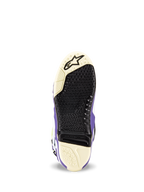 Alpinestars Tech 10 Dirt Studios® LE laarzen, zoolaanzicht, wit, paars en zwart, geprofileerd grippatroon met vervangbaar centraal inzetstuk, Alpinestars-logo op de neus, duurzaam zoolontwerp voor motorcrosslaarzen