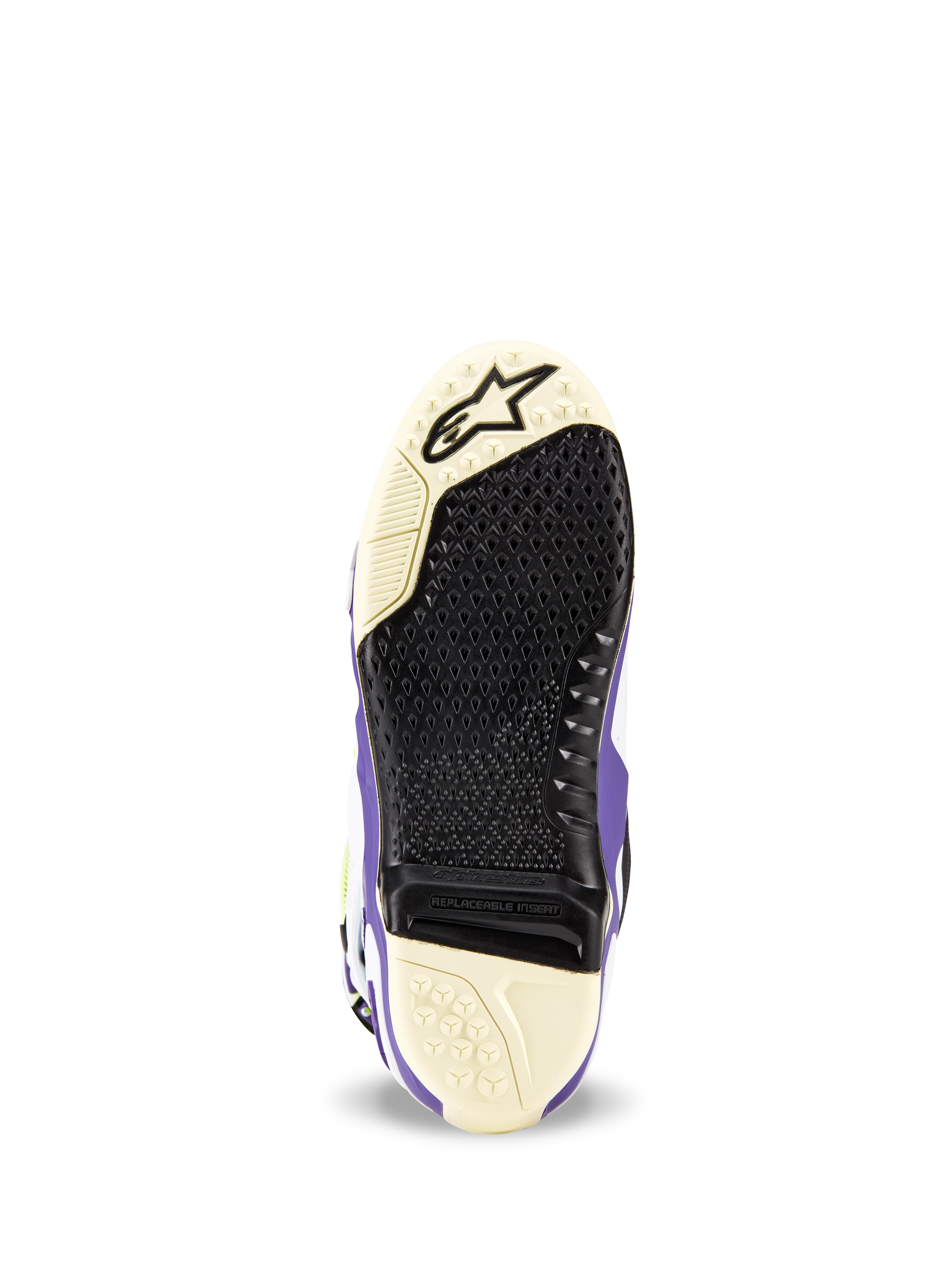 Alpinestars Tech 10 Dirt Studios® LE laarzen, zoolaanzicht, wit, paars en zwart, geprofileerd grippatroon met vervangbaar centraal inzetstuk, Alpinestars-logo op de neus, duurzaam zoolontwerp voor motorcrosslaarzen