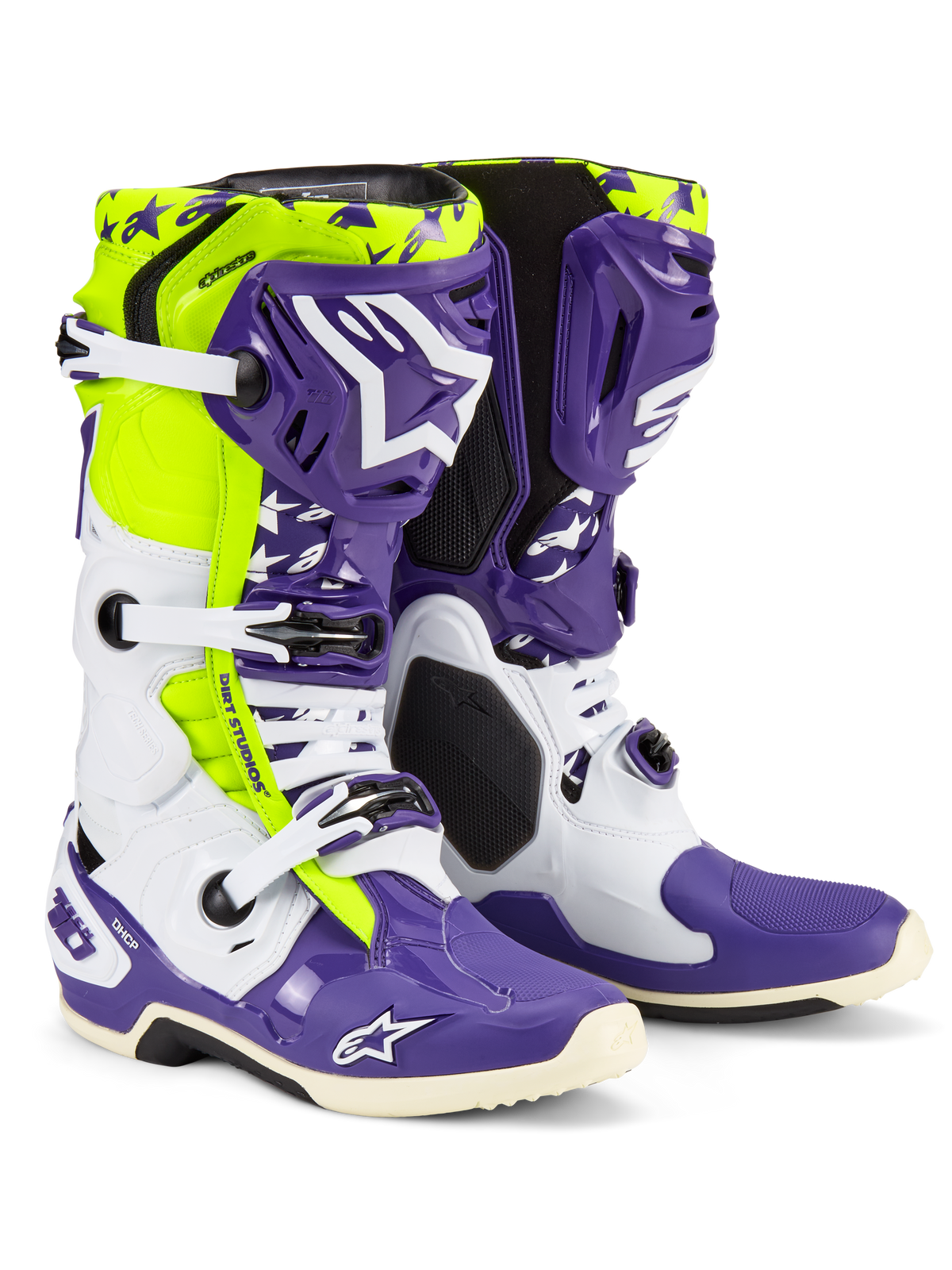 Alpinestars Tech 10 Dirt Studios LE laarzen, motorcrosslaarzen, wit, paars en fluo geel, met witte en paarse beschermende schalen en fluo gele accenten, 'Dirt Studios' branding en witte gespen, limited edition hoogwaardige off-road laarzen