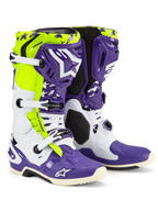 Alpinestars Tech 10 Dirt Studios LE laarzen, motorcrosslaarzen, wit, paars en fluo geel, met witte en paarse beschermende schalen en fluo gele accenten, 'Dirt Studios' branding en witte gespen, limited edition hoogwaardige off-road laarzen