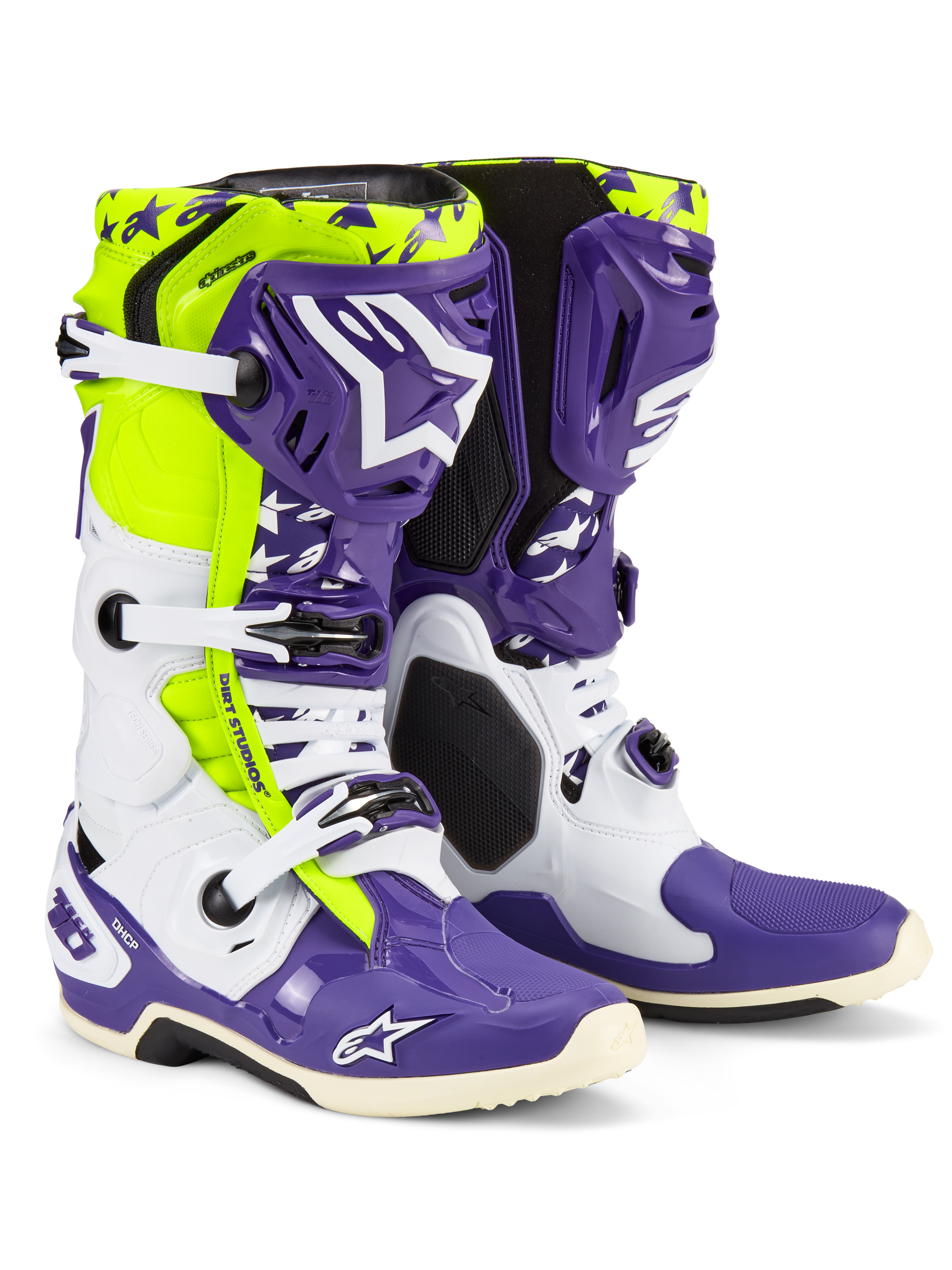 Alpinestars Tech 10 Dirt Studios LE laarzen, motorcrosslaarzen, wit, paars en fluo geel, met witte en paarse beschermende schalen en fluo gele accenten, 'Dirt Studios' branding en witte gespen, limited edition hoogwaardige off-road laarzen