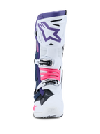 Alpinestars Tech 10 Boots, Motocross Boots, White Violet Navy Blue and Pink Fluo, front view, featuring a white protective shell with a violet top section, purple star logo, and bright pink buckle accents, professional-grade off-road footwear