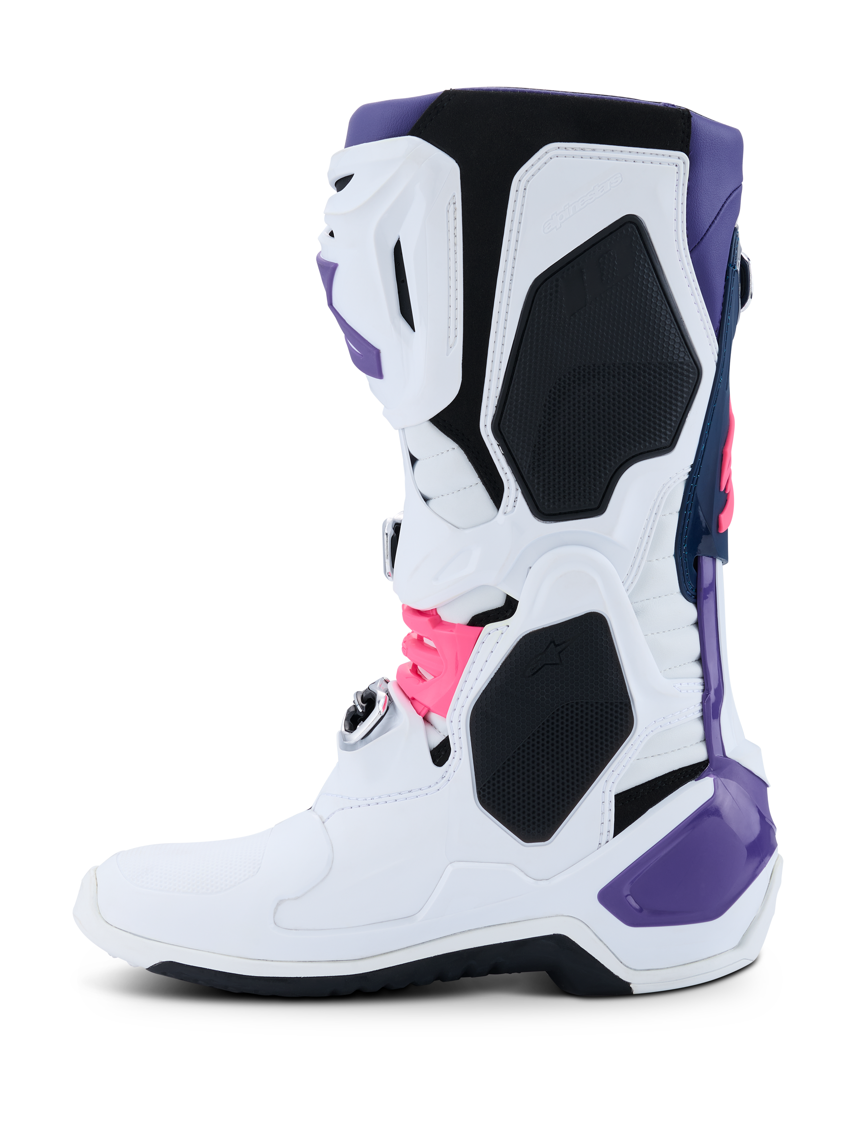 Alpinestars Tech 10 Boots, Motocross Boots, White Violet Navy Blue and Pink Fluo, side profile featuring a white main chassis with violet, navy, and neon pink accents, protective TPU panels, and a sleek design for off-road performance