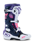 Alpinestars Tech 10 Boots, Motocross Boots, White, Violet, Navy Blue, and Pink Fluo, side view featuring triple buckle closure, protective TPU chassis, Alpinestars star logos, and DHCP branding, high-performance off-road racing footwear