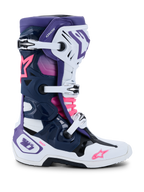 Alpinestars Tech 10 Boots, Motocross Boots, White, Violet, Navy Blue, and Pink Fluo, side view featuring triple buckle closure, protective TPU chassis, Alpinestars star logos, and DHCP branding, high-performance off-road racing footwear