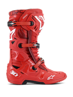 Alpinestars Tech 10 Boots, Motocross Racing Boots, Red with white and black accents, side profile view featuring triple buckle closure system, reinforced TPU shell, white star logos, and DHCP technology branding