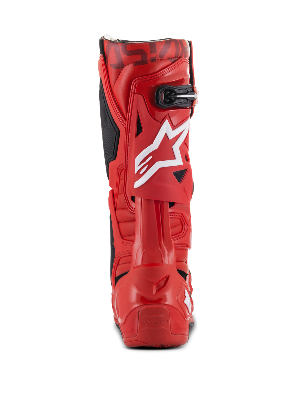 Alpinestars Tech 10 Boots, Motocross Boots, Red, rear view featuring a white star logo on the calf, black buckle at the top, and durable red TPU shell for off-road performance.