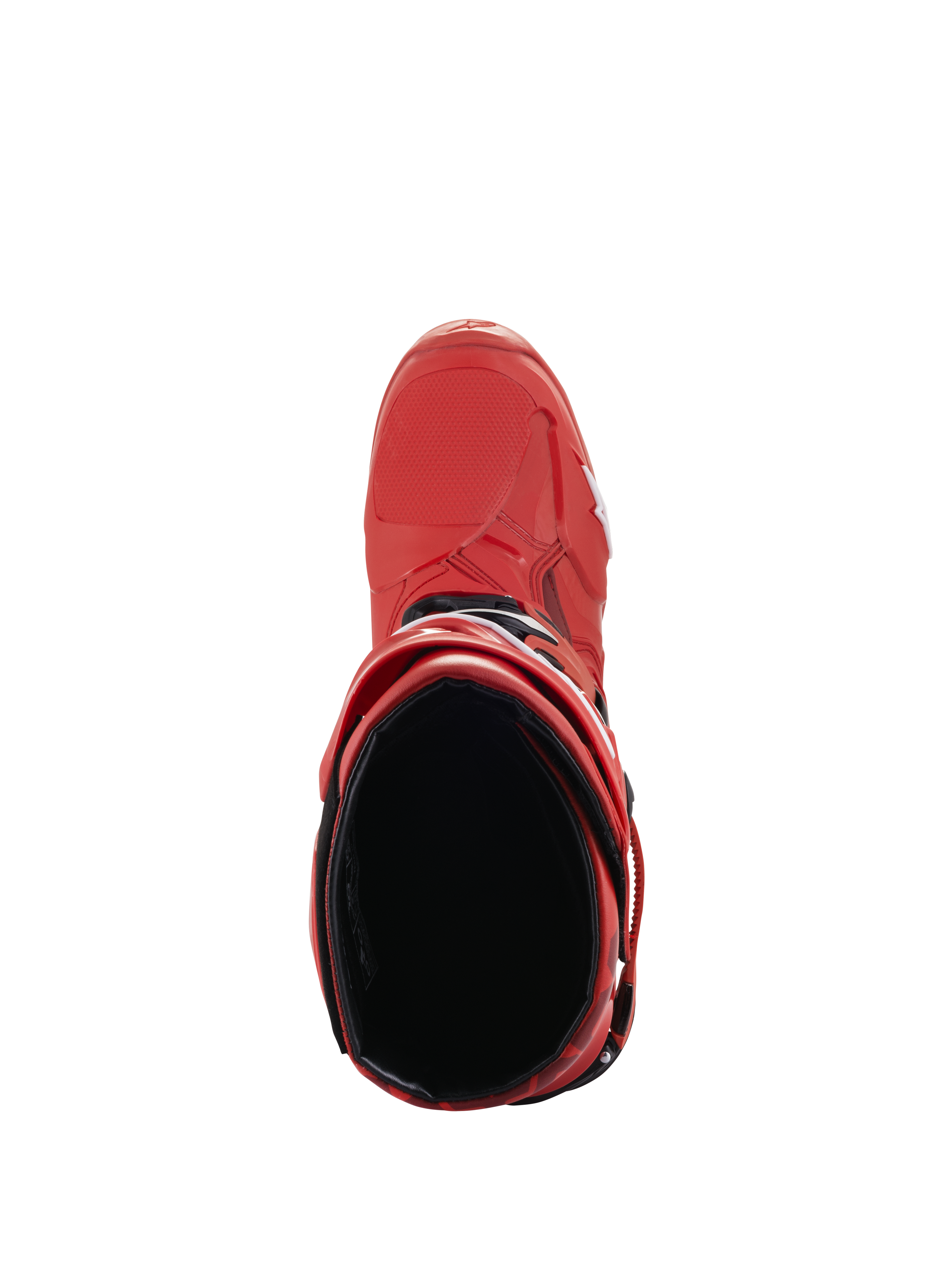 Alpinestars Tech 10 Boots, Red, Top-down view into the boot interior, Motocross Boots, featuring black lining and red TPU shell, professional performance off-road footwear