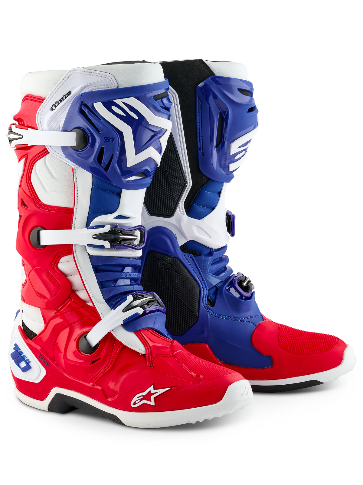 Alpinestars Limited Edition Fortitude Tech 10 laarzen, motorcrosslaarzen, helder rood, wit en blauw, met drievoudige gespsluiting, Astars-branding en patriottisch ontwerp, duurzame TPU- en microvezelconstructie voor elite off-road prestaties
