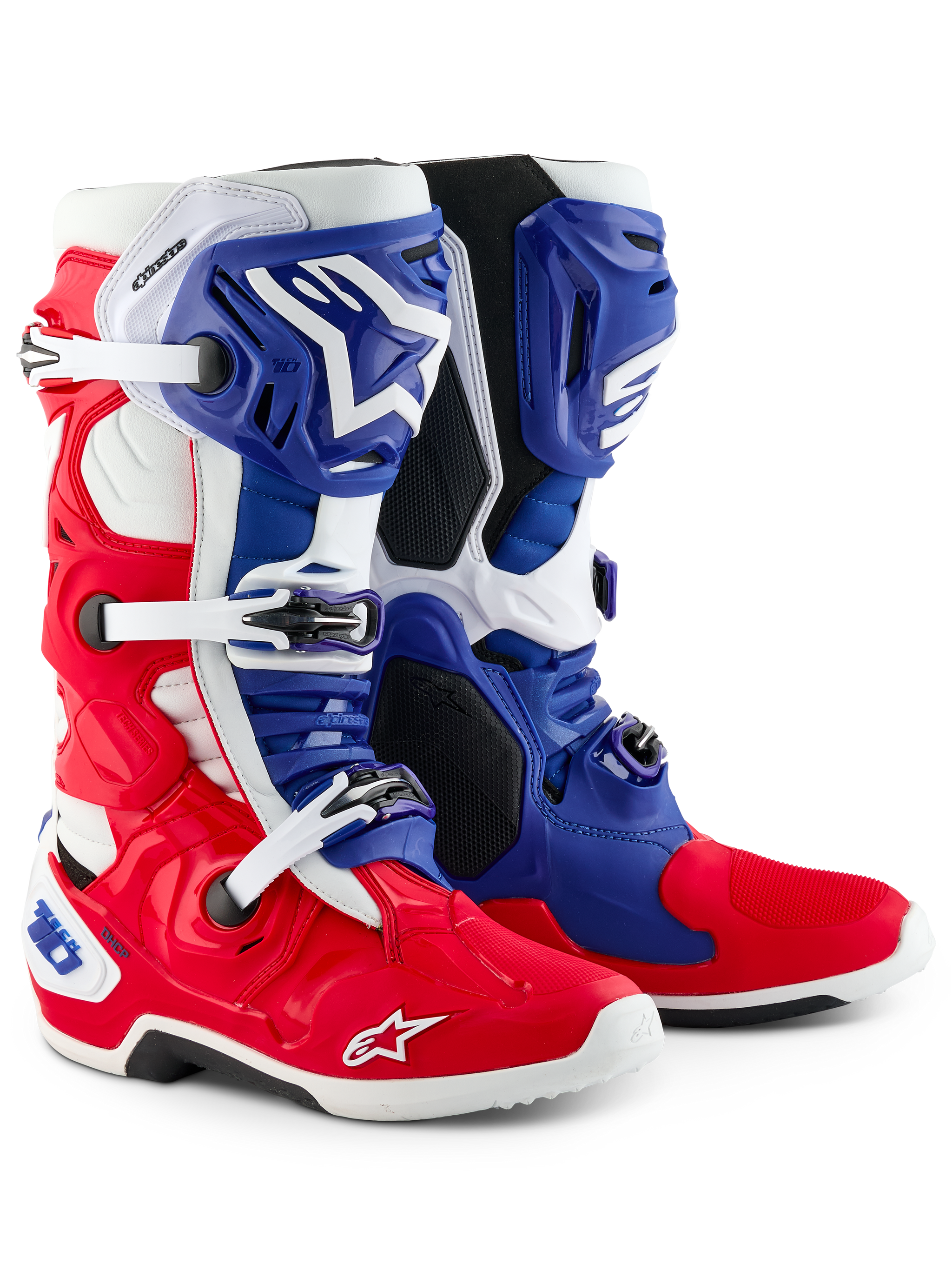Alpinestars Limited Edition Fortitude Tech 10 Boot, Motocross Boots, Bright Red White and Blue, featuring triple buckle closure, Astars branding, and patriotic design, durable TPU and microfiber construction for elite off-road performance