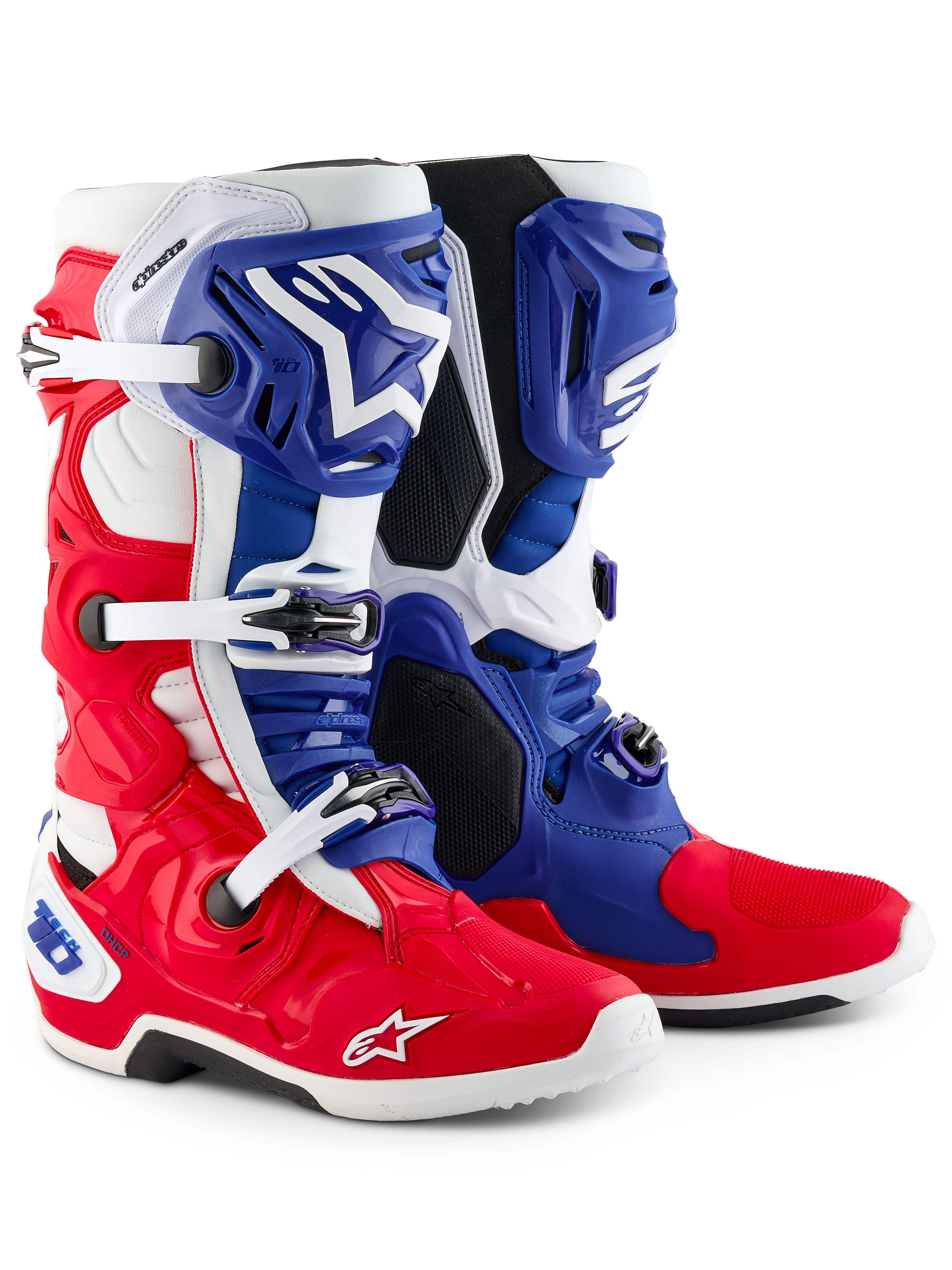 Alpinestars Limited Edition Fortitude Tech 10 laarzen, motorcrosslaarzen, helder rood, wit en blauw, met drievoudige gespsluiting, Astars-branding en patriottisch ontwerp, duurzame TPU- en microvezelconstructie voor elite off-road prestaties