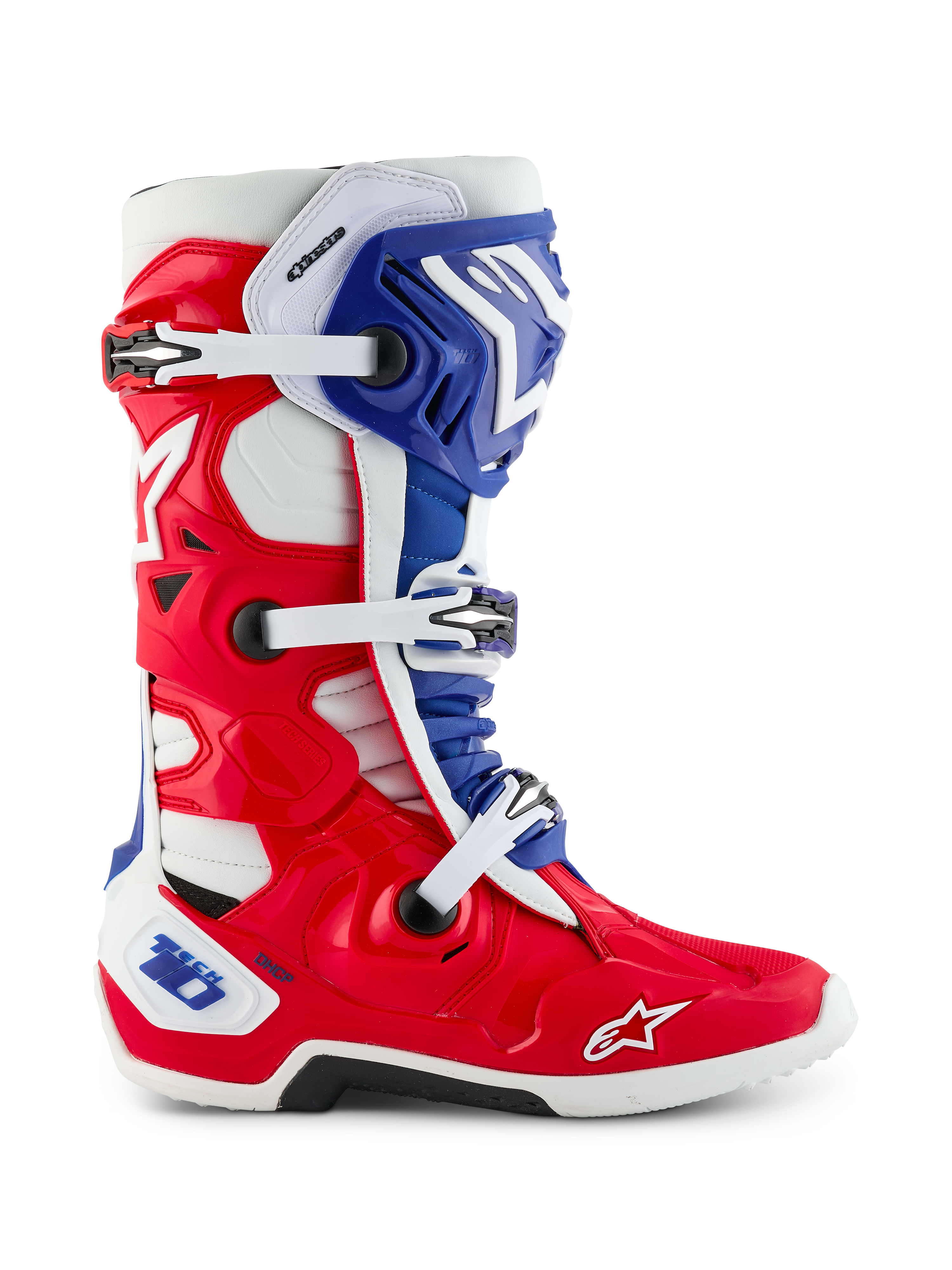Alpinestars Limited Edition Fortitude Tech 10 laars, motorcrosslaars, felrood, wit en blauw patriottisch ontwerp, zijaanzicht met drievoudige gespsluiting, beschermende TPU-schaal en Alpinestars-logo op de neus, hoogwaardig off-road schoeisel