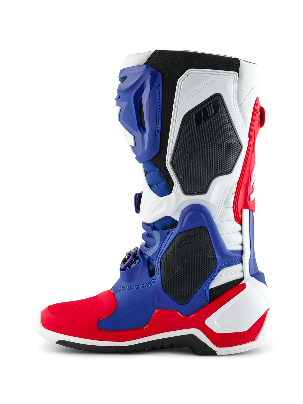 Alpinestars Limited Edition Fortitude Tech 10 Laars, motorcrosslaars, helder rood, wit en blauw, zijaanzicht met een multi-paneel TPU-chassis, zwarte beschermende honingraat-inzetstukken en Alpinestars-branding, professioneel off-road raceschoeisel