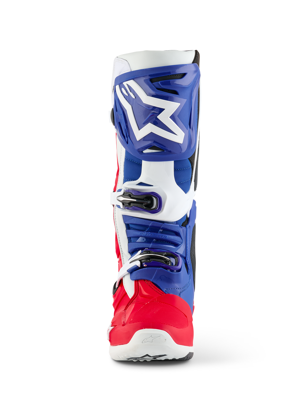 Alpinestars Limited Edition Fortitude Tech 10 laars, motocrosslaars, felrood, wit en blauw, vooraanzicht met een groot wit sterlogo op een blauwe scheenplaat, drievoudig gespsluitingssysteem en een felrode voetschaal, ontworpen voor elite off-road prestaties