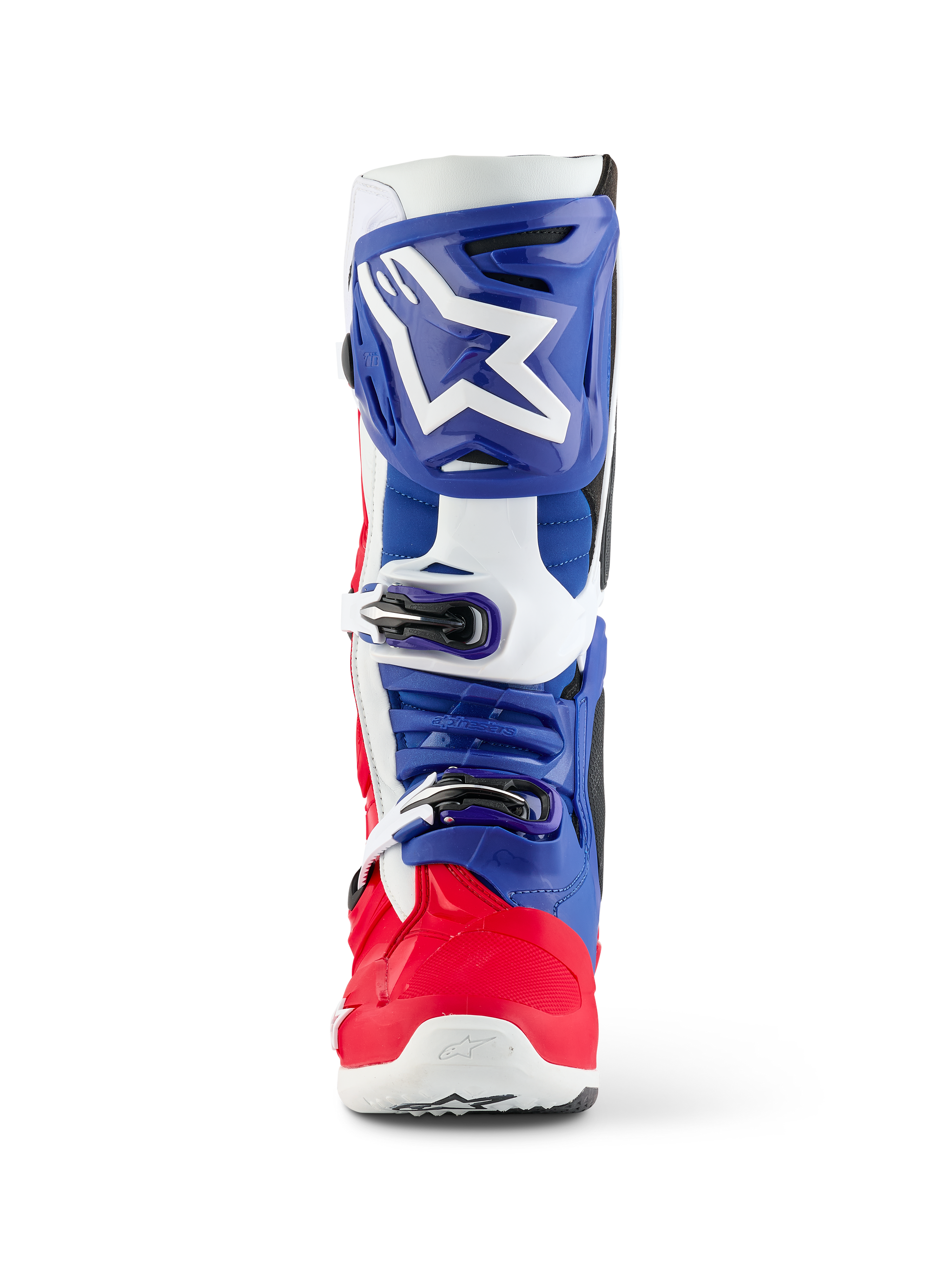 Alpinestars Limited Edition Fortitude Tech 10 Boot, Motocross Boot, Bright Red White and Blue, front view featuring a large white star logo on a blue shin plate, triple buckle closure system, and vibrant red foot shell, designed for elite off-road performance.