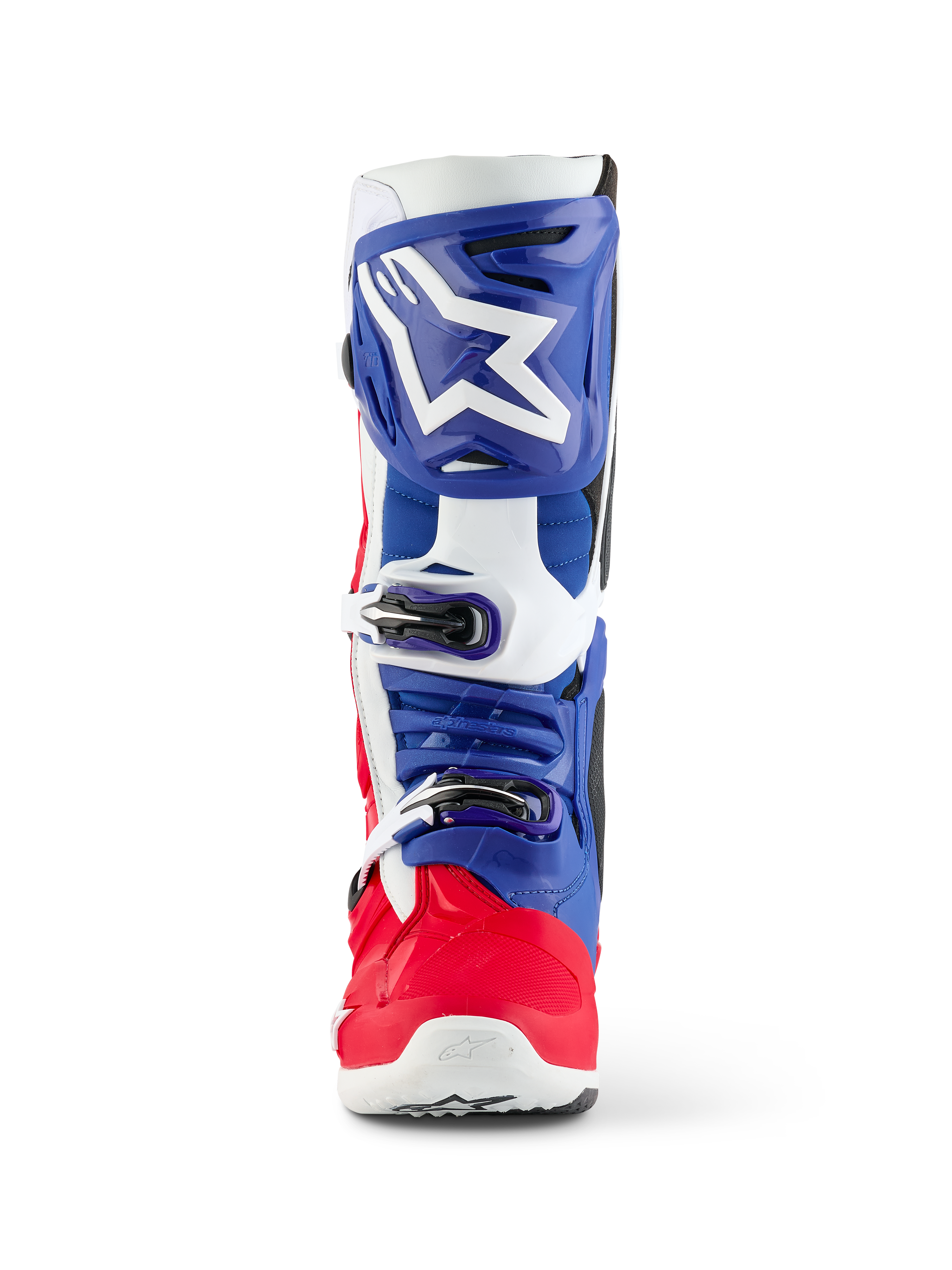 Alpinestars Limited Edition Fortitude Tech 10 laars, motocrosslaars, felrood, wit en blauw, vooraanzicht met een groot wit sterlogo op een blauwe scheenplaat, drievoudig gespsluitingssysteem en een felrode voetschaal, ontworpen voor elite off-road prestaties