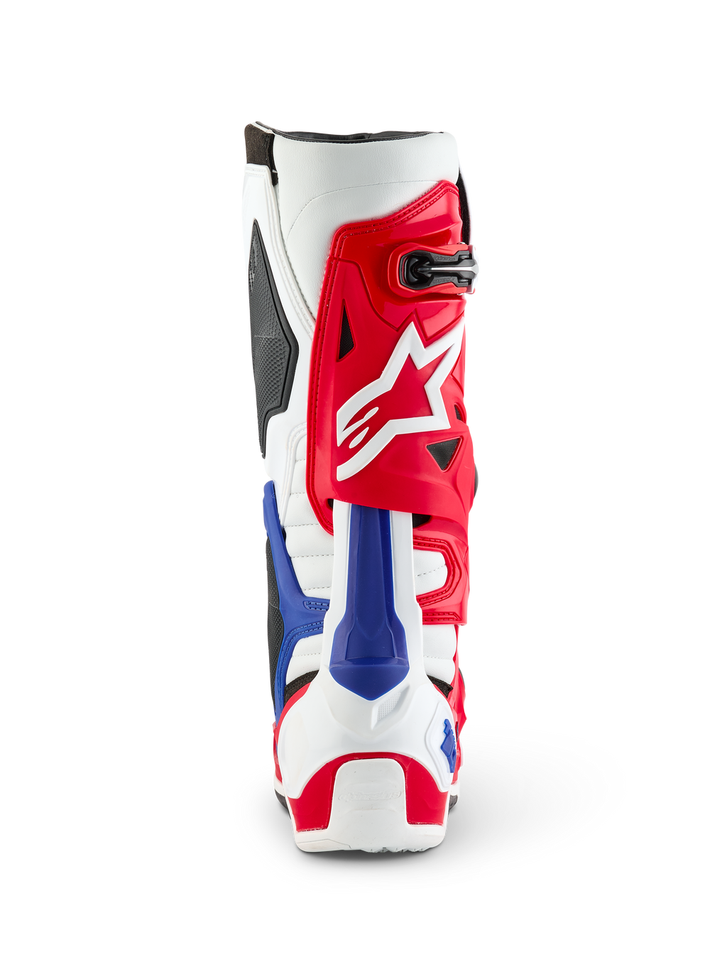 Alpinestars Limited Edition Fortitude Tech 10 laars, achteraanzicht, rood, wit en blauw patriottisch kleurenschema, met een opvallend rood bovenwerk, wit sterlogo en blauwe hielbeschermer, professioneel motorcross-schoeisel