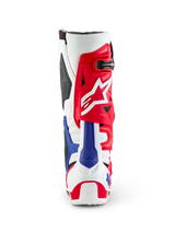 Alpinestars Limited Edition Fortitude Tech 10 Boot, Rear view, Red White and Blue patriotic colorway, featuring a bold red upper with white star logo and blue heel protector, professional motocross performance footwear