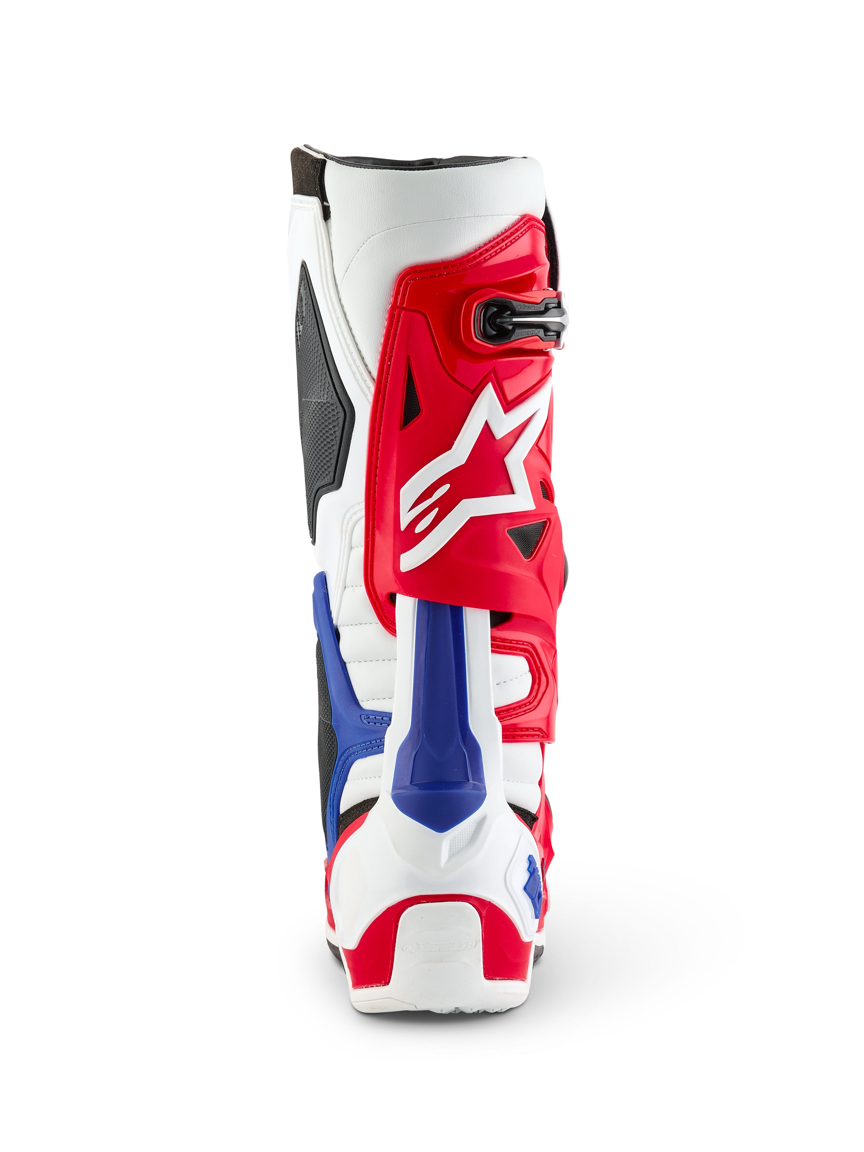 Alpinestars Limited Edition Fortitude Tech 10 laars, achteraanzicht, rood, wit en blauw patriottisch kleurenschema, met een opvallend rood bovenwerk, wit sterlogo en blauwe hielbeschermer, professioneel motorcross-schoeisel