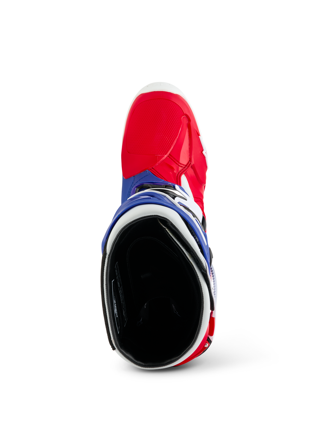 Alpinestars Limited Edition Fortitude Tech 10 laars, motorcrosslaars, helderrood, wit en blauw, bovenaanzicht met de rode neus en blauwe kraag met zwarte gevoerde binnenkant, duurzame off-road race-uitrusting