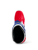 Alpinestars Limited Edition Fortitude Tech 10 Boot, Motocross Boot, Bright Red White and Blue, top-down view showing the red toe area and blue collar with black padded interior, durable off-road racing gear