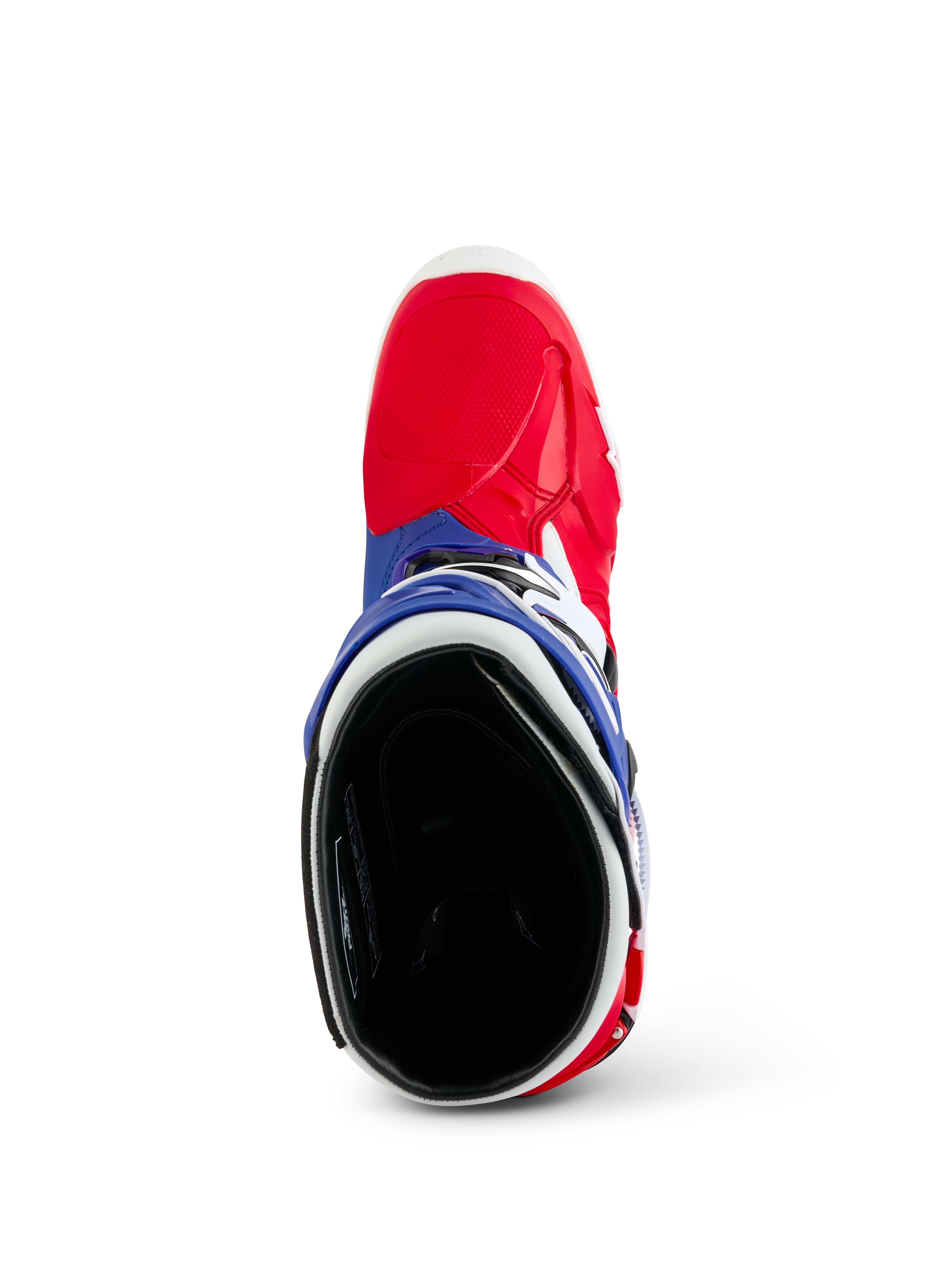 Alpinestars Limited Edition Fortitude Tech 10 laars, motorcrosslaars, helderrood, wit en blauw, bovenaanzicht met de rode neus en blauwe kraag met zwarte gevoerde binnenkant, duurzame off-road race-uitrusting