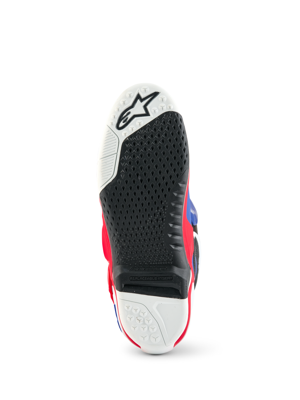 Alpinestars Limited Edition Fortitude Tech 10 laars, onderaanzicht van de zool van de motorcrosslaars, zwart en wit getextureerd grippatroon, vervangbaar centraal inzetstuk, accenten in Bright Red White Blue, duurzame constructie voor off-road prestaties