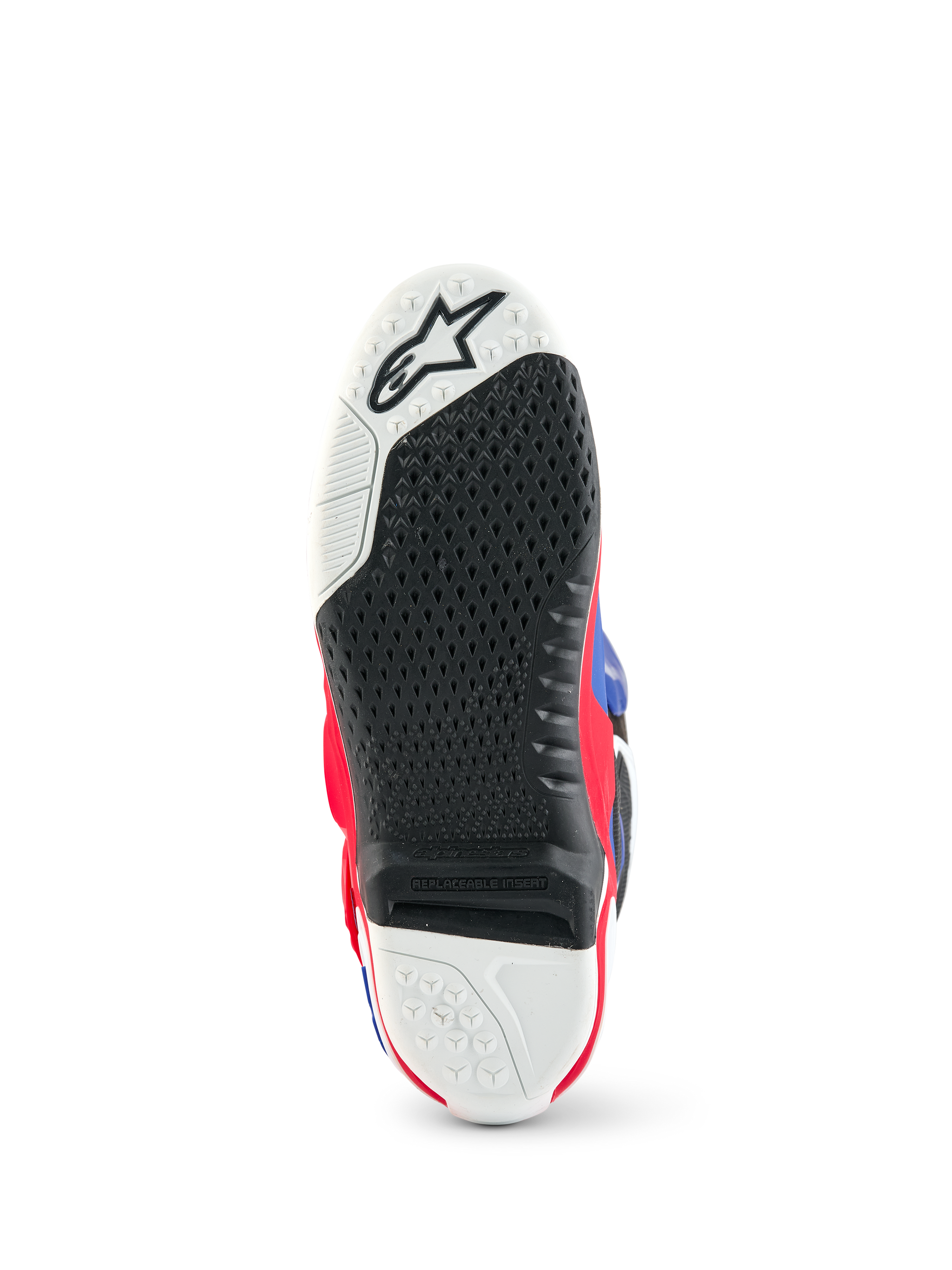 Alpinestars Limited Edition Fortitude Tech 10 Boot, Motocross Boot sole view, black and white textured grip pattern, replaceable central insert, Bright Red White Blue accents, durable construction for off-road performance