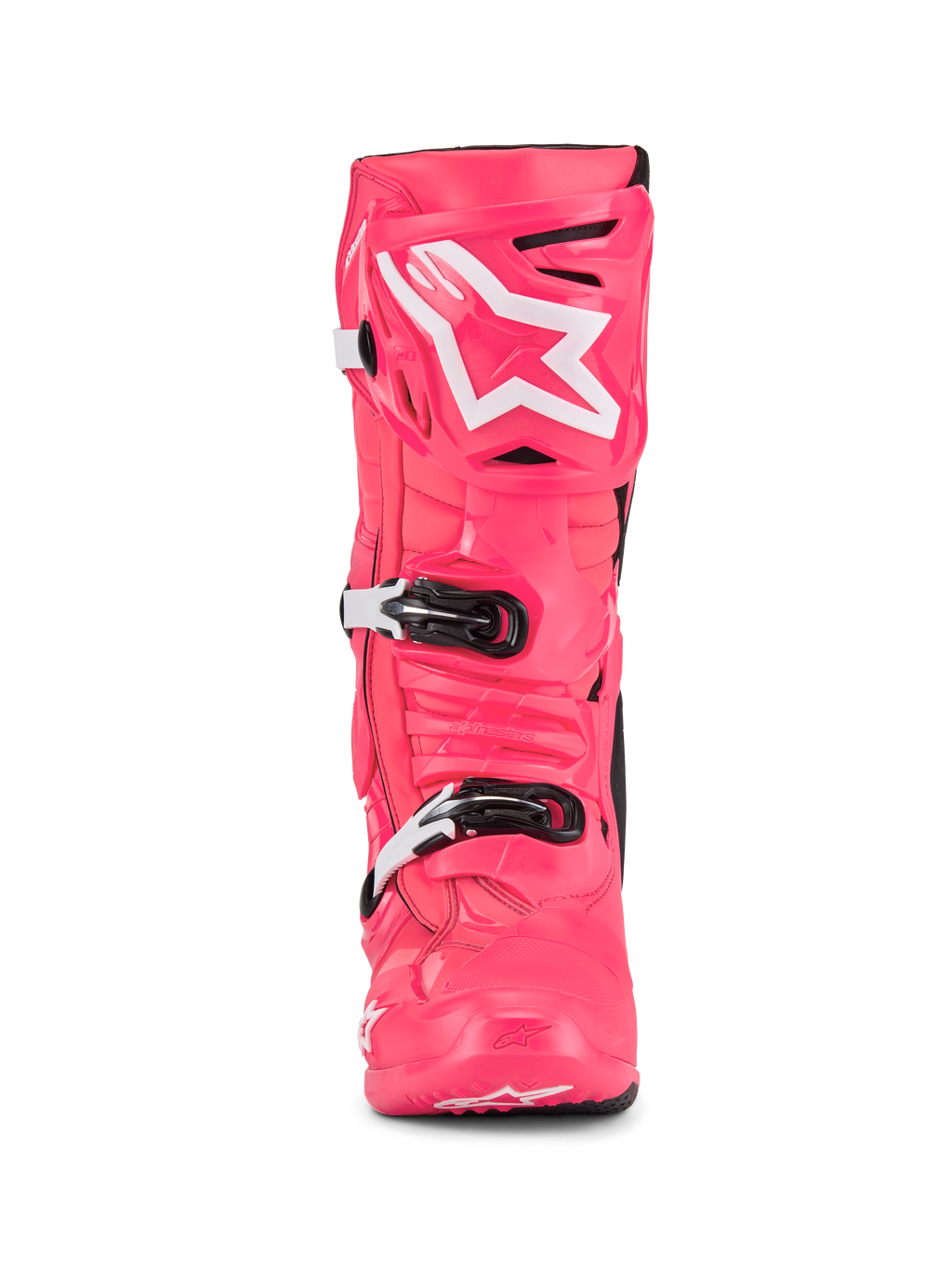 Alpinestars Tech 10 Boots, Motocross Boots, Diva Pink and White, front view, featuring white star logo on the shin plate, durable TPU shell with black and white buckles, professional off-road racing footwear