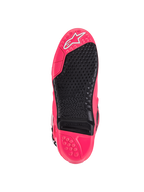 Alpinestars Tech 10 Boots, Motocross Boots, Diva Pink and Black, bottom sole view featuring textured tread, replaceable footpeg insert, and signature Astars logo, designed for superior grip and durability.