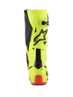 Alpinestars Tech 10 Boots, Motocross Boots, Yellow Fluo Black Red Fluo, rear view showing fluorescent yellow chassis with black accents and red heel protector, professional off-road racing footwear