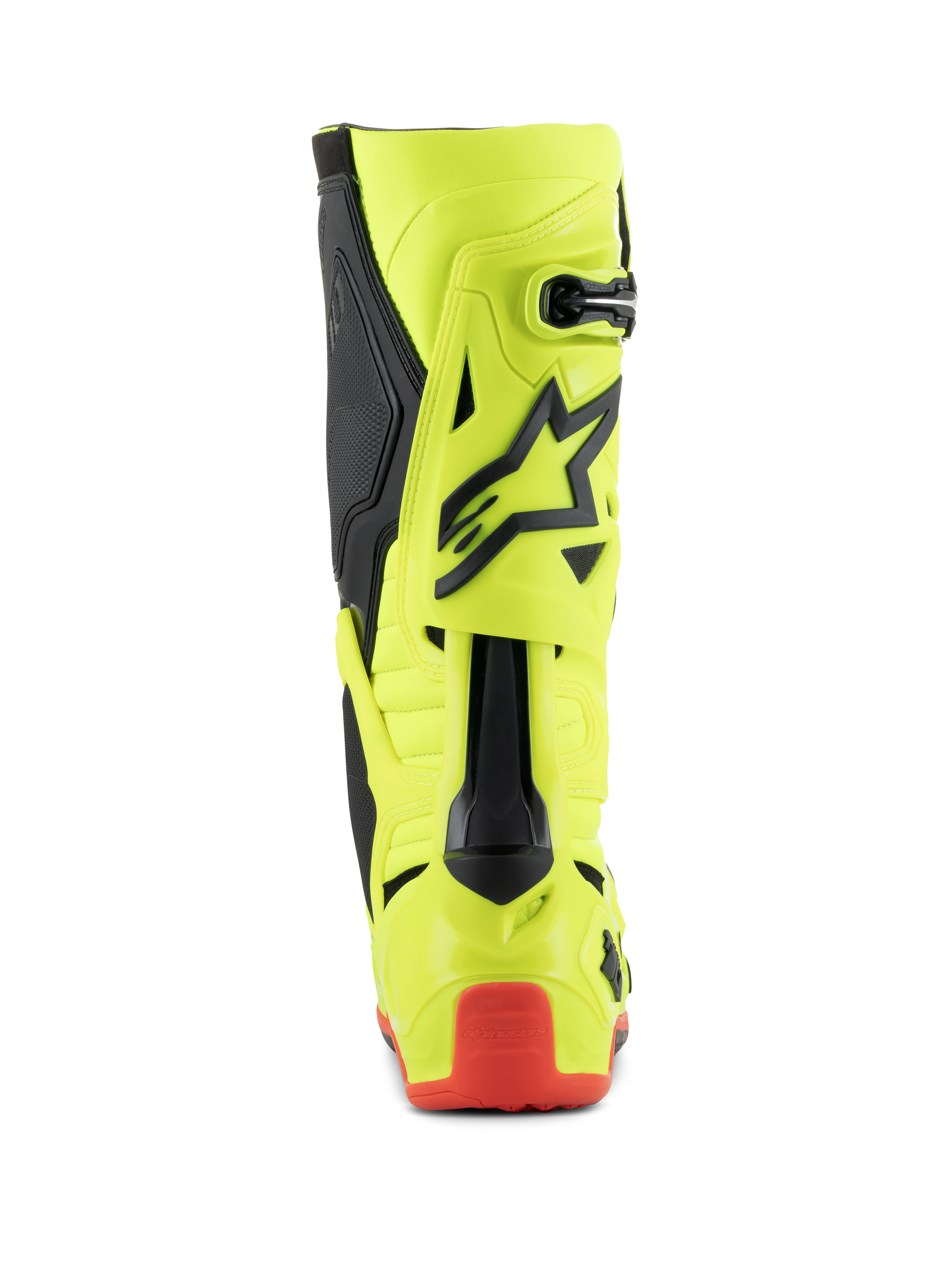 Alpinestars Tech 10 Boots, Motocross Boots, Yellow Fluo Black Red Fluo, rear view showing fluorescent yellow chassis with black accents and red heel protector, professional off-road racing footwear