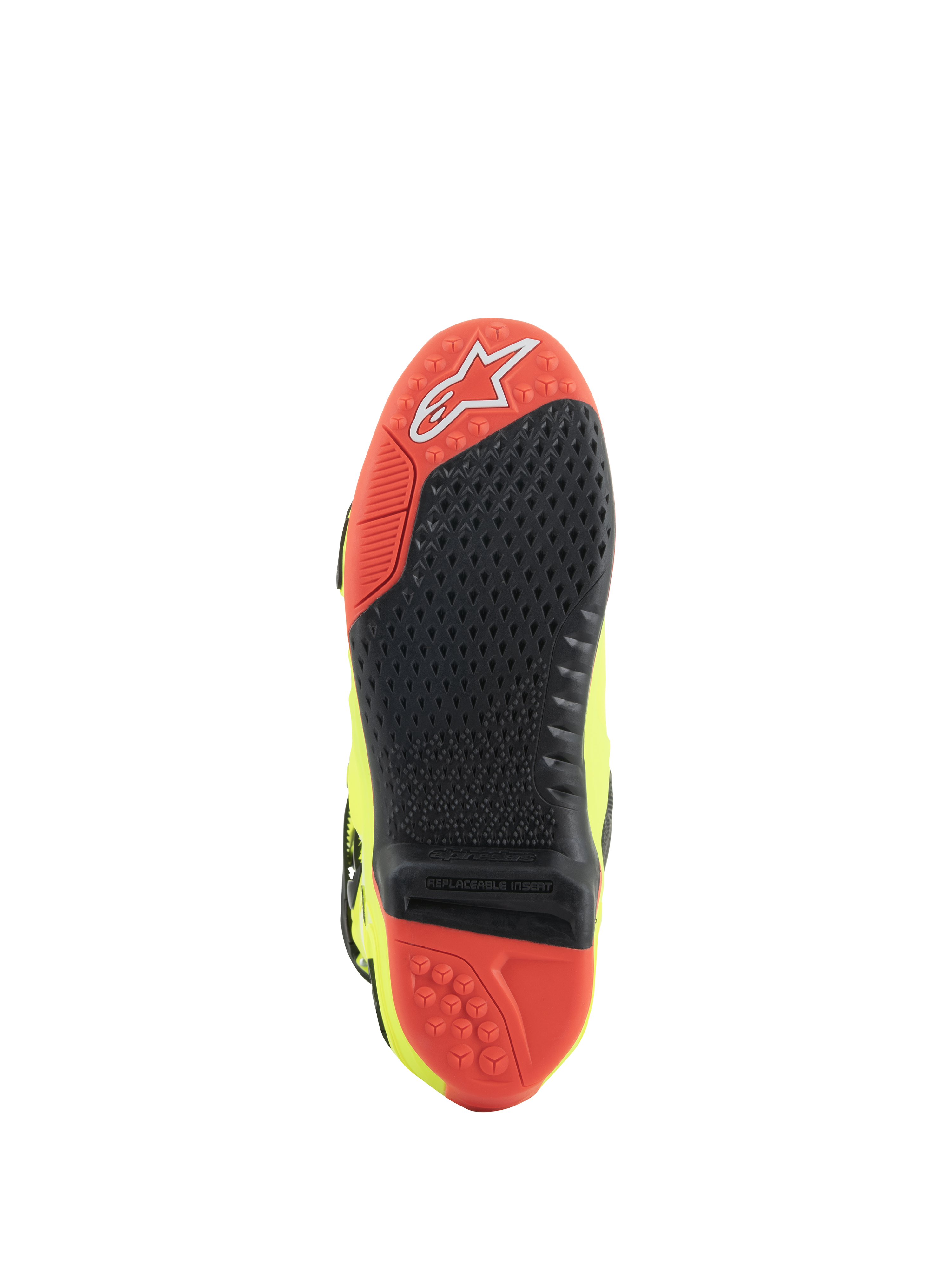 Alpinestars Tech 10 Boots, Motocross Boots, Yellow Fluo Black Red Fluo, sole view featuring red and black dual-compound material, replaceable central grip insert, and traction lugs for off-road performance.