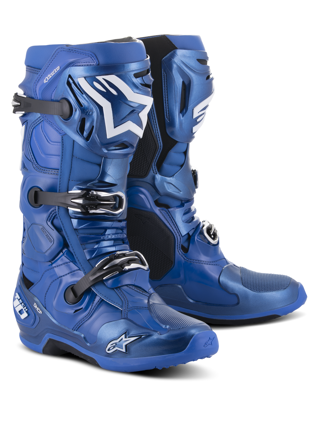 Alpinestars Tech 10 laarzen, motorcrosslaarzen, blauw en zwart, voorzien van een drievoudig gespsluitsysteem, wit Alpinestars-sterlogo op het scheenbeen, robuuste TPU-schaal en versterkte zool voor off-road prestaties