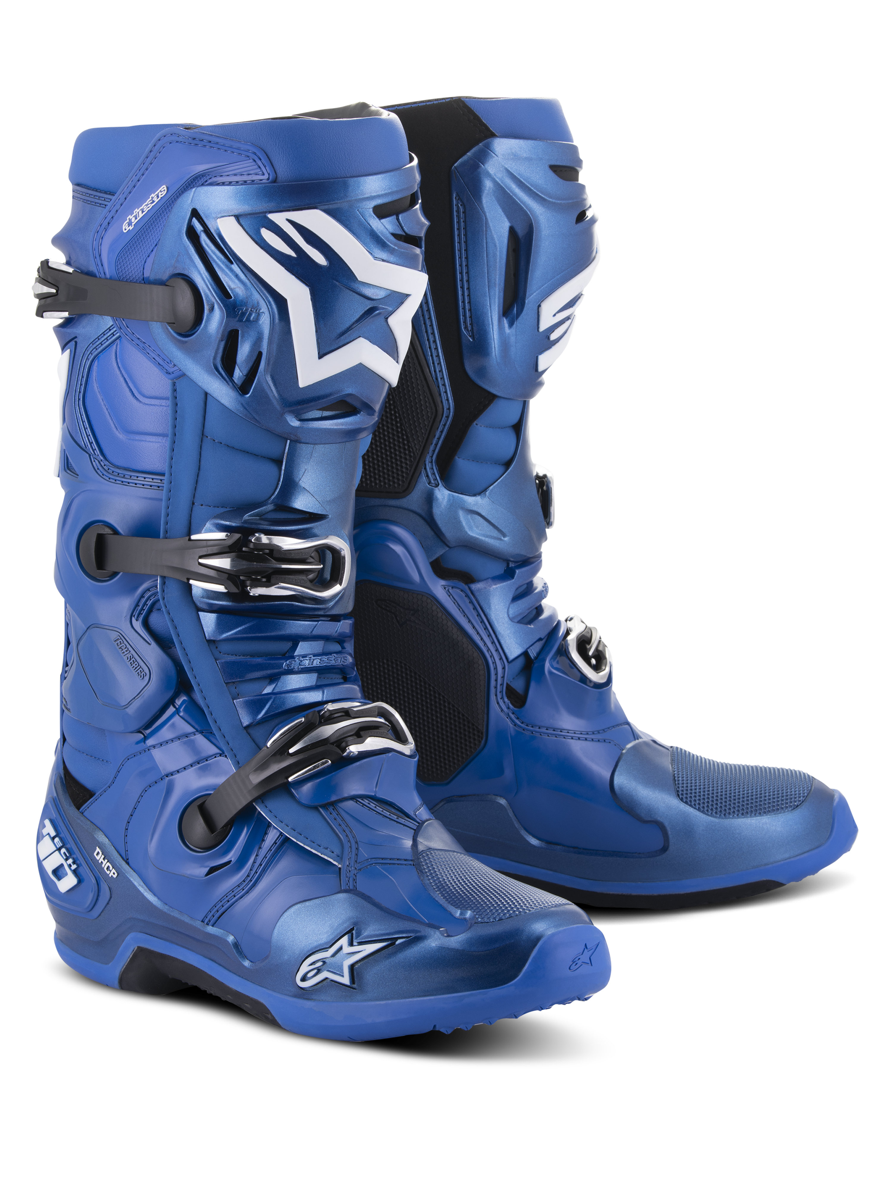 Alpinestars Tech 10 laarzen, motorcrosslaarzen, blauw en zwart, voorzien van een drievoudig gespsluitsysteem, wit Alpinestars-sterlogo op het scheenbeen, robuuste TPU-schaal en versterkte zool voor off-road prestaties